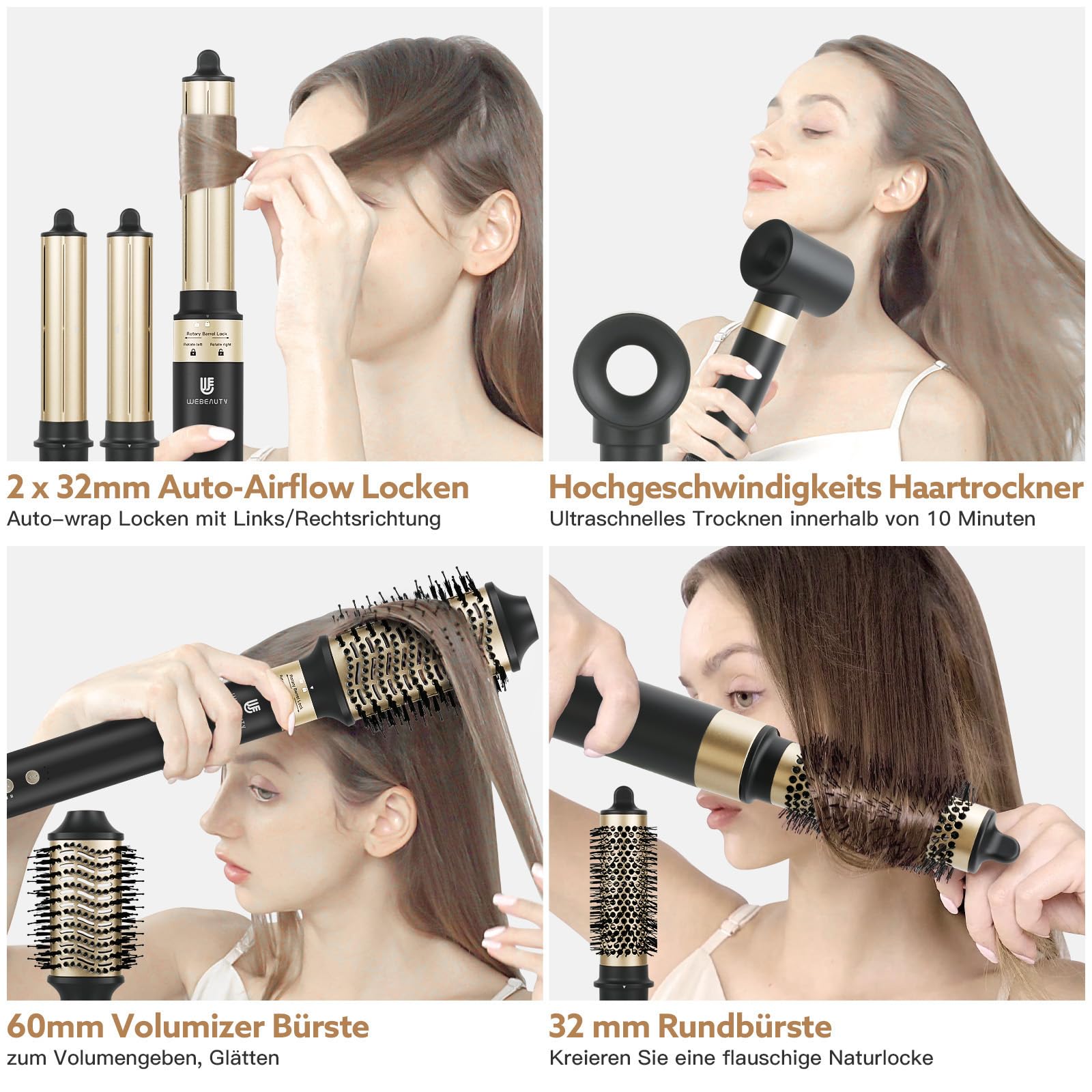 webeauty 6 en 1 Cepillo Moldeador de Pelo Cepillo Secador de Pelo Negro | 110,000RPM/Min, 500W Ionico Secador Alisador de Pelo 30m/S Secador Cepillo 1400W Secador Moldeador de Pelo