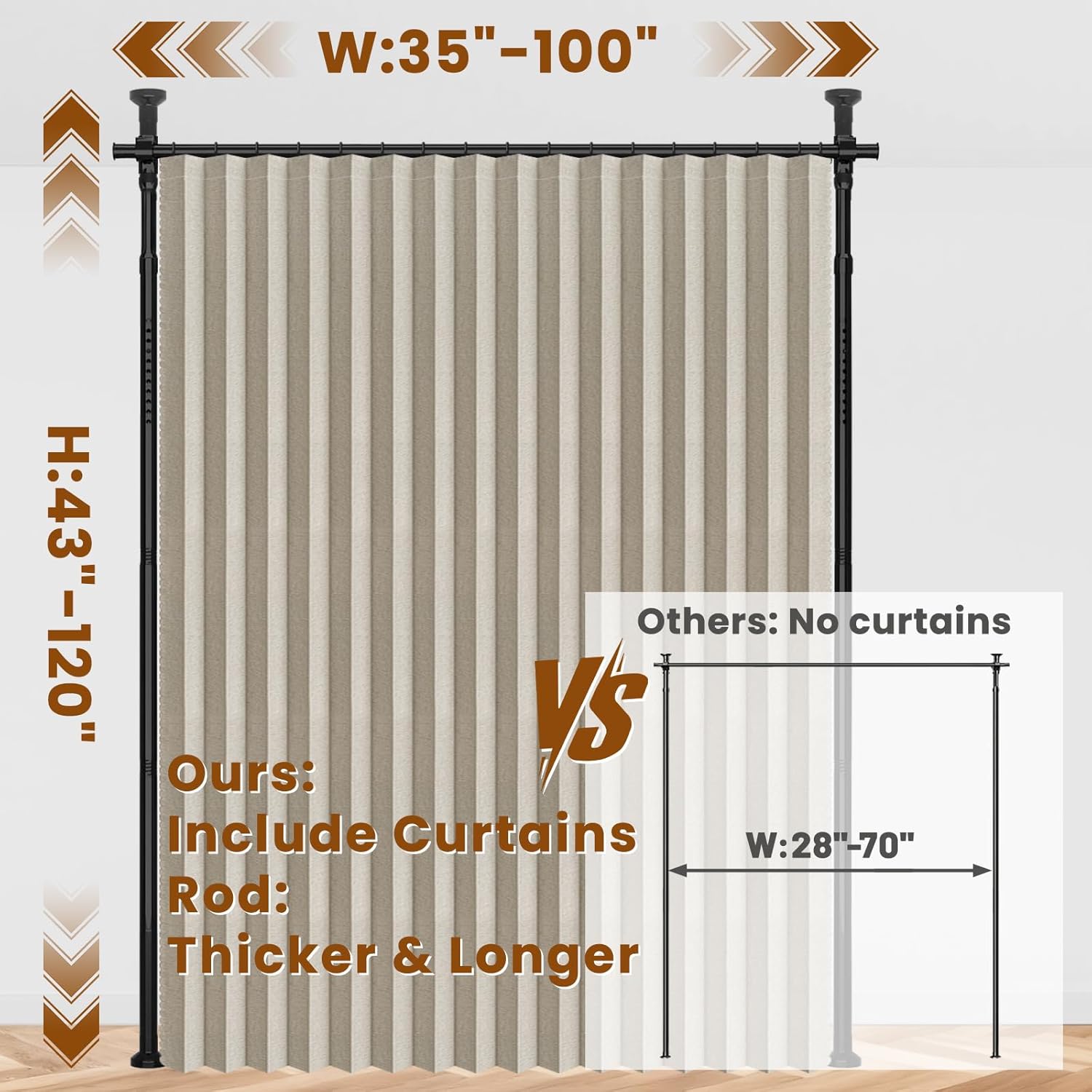 AJAZZ 100% Blackout Room Divider Curtains Sets Cream White W100 x L96 in,1 Panel Curtain Rods No Drilling Adjustable Tension (H) 43-120×(W) 35-100 in for Temporary Wall Separator Closet Cover