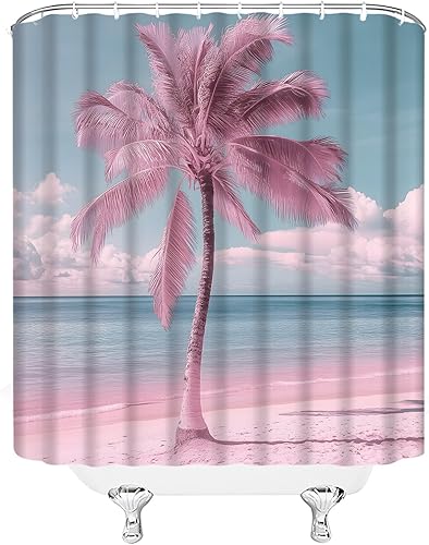 Miniatura 3 de Cortina de ducha de playa rosa, palmeras rosas, hawaiana, isla tropical, océano, playa, amanecer, puesta de sol, tela natural, juego de decoración