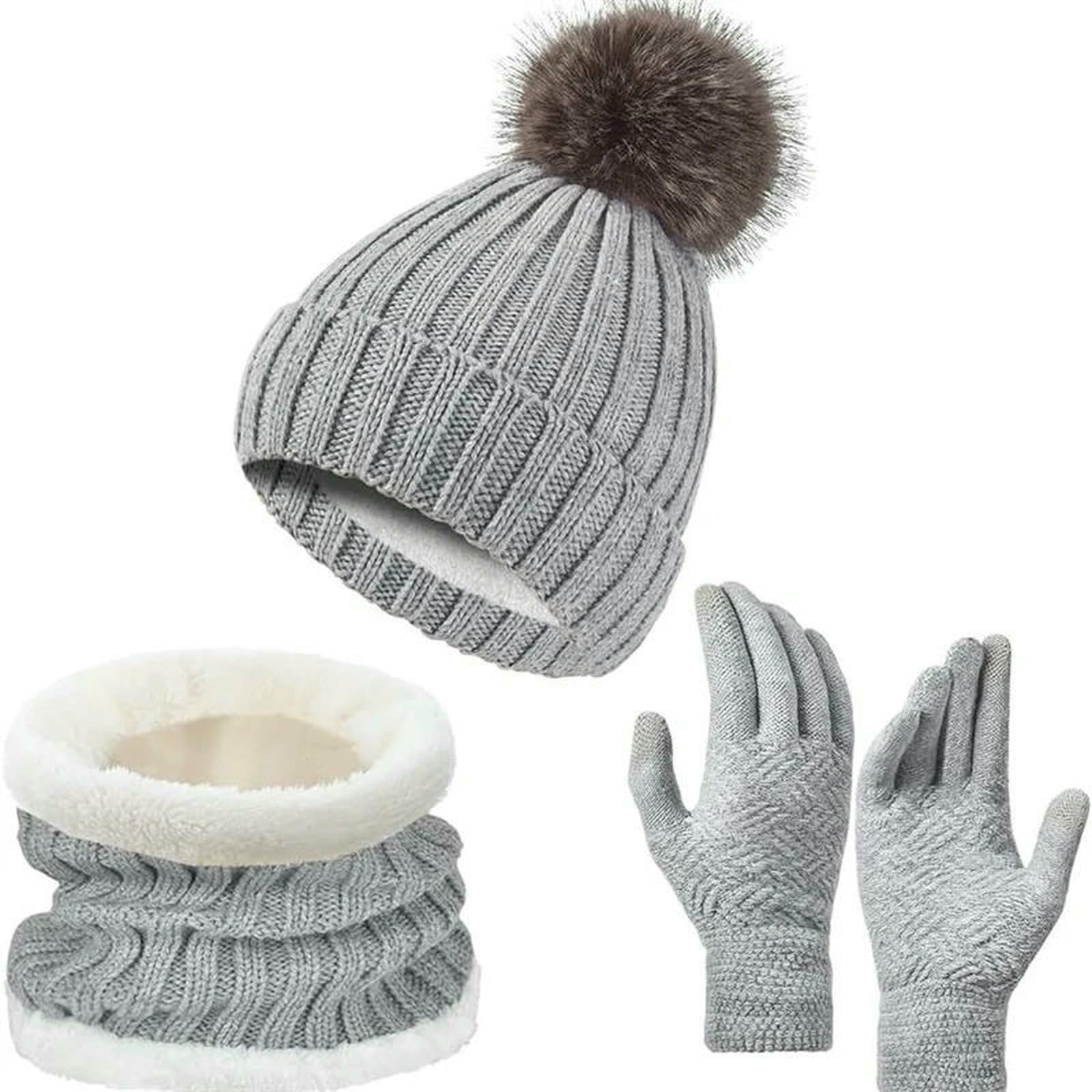 Mütze,Schal & Handschuh-Sets 3-teiliges Strickmützen-Set Für Den Winter, Mit Großen Pompons Wärme Und Dickem Fleece, Geeignet Männer Frauen-grau