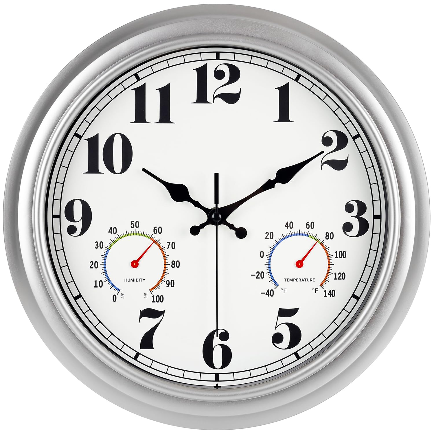 JENLYSTIME Zegar zewnętrzny, wodoodporny, cichy, z termometrem i higrometrem, duże cyfry dla łatwego odczytu, idealny do domu, biura, sypialni, kuchni, werandy, ogrodu, basenu, 33 cm, srebrny