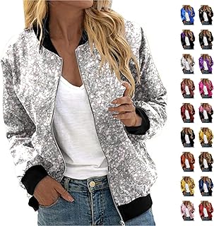 Chaqueta bomber brillante para mujer, chaqueta bomber de lentejuelas, chaqueta de lentejuelas, corte ajustado, manga larg...