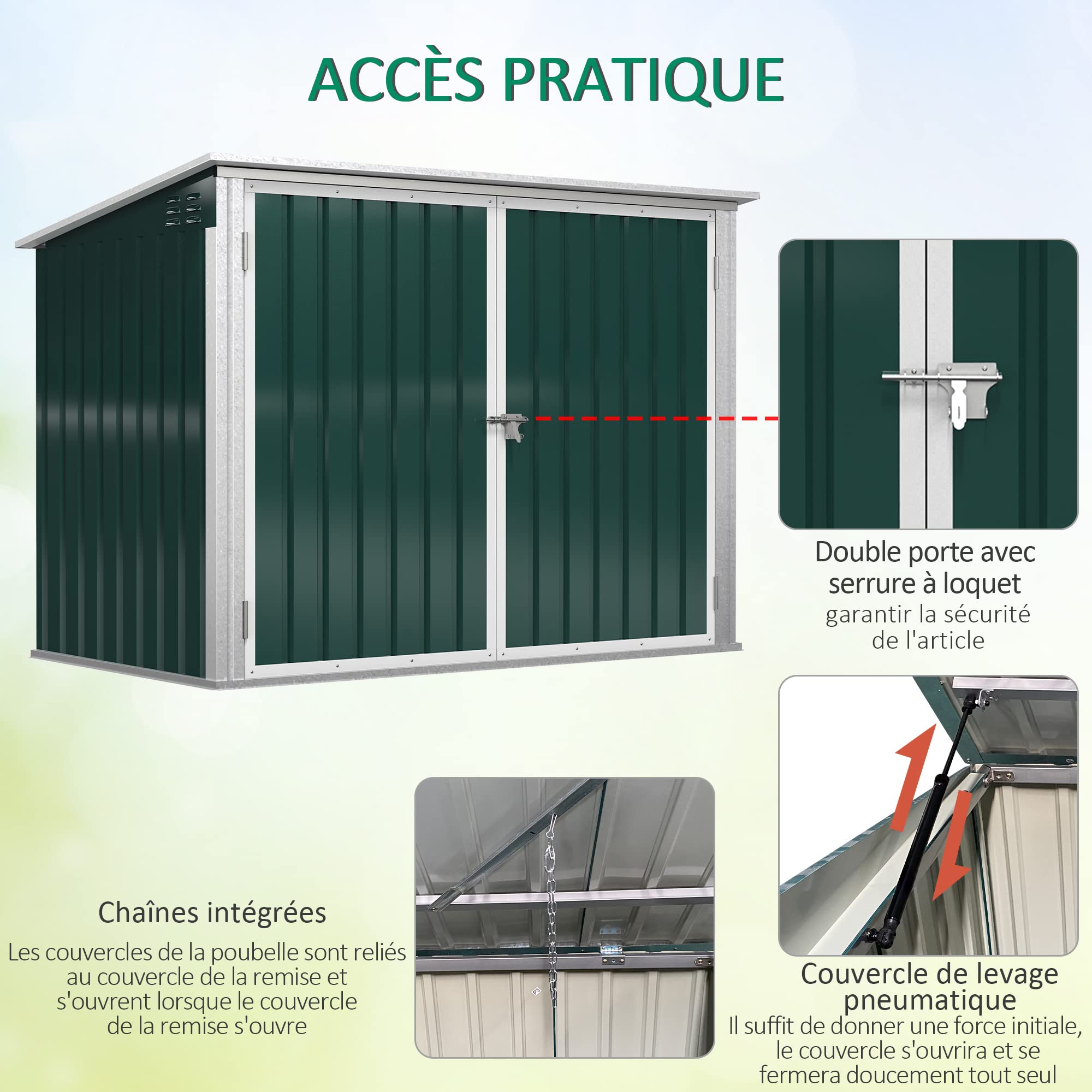 Outsunny Abri Cache Poubelle Double avec Deux Portes et Ouverture Dessus en Acier galvanisé - 178,5 x 104,5 x 128,5/113 cm Vert