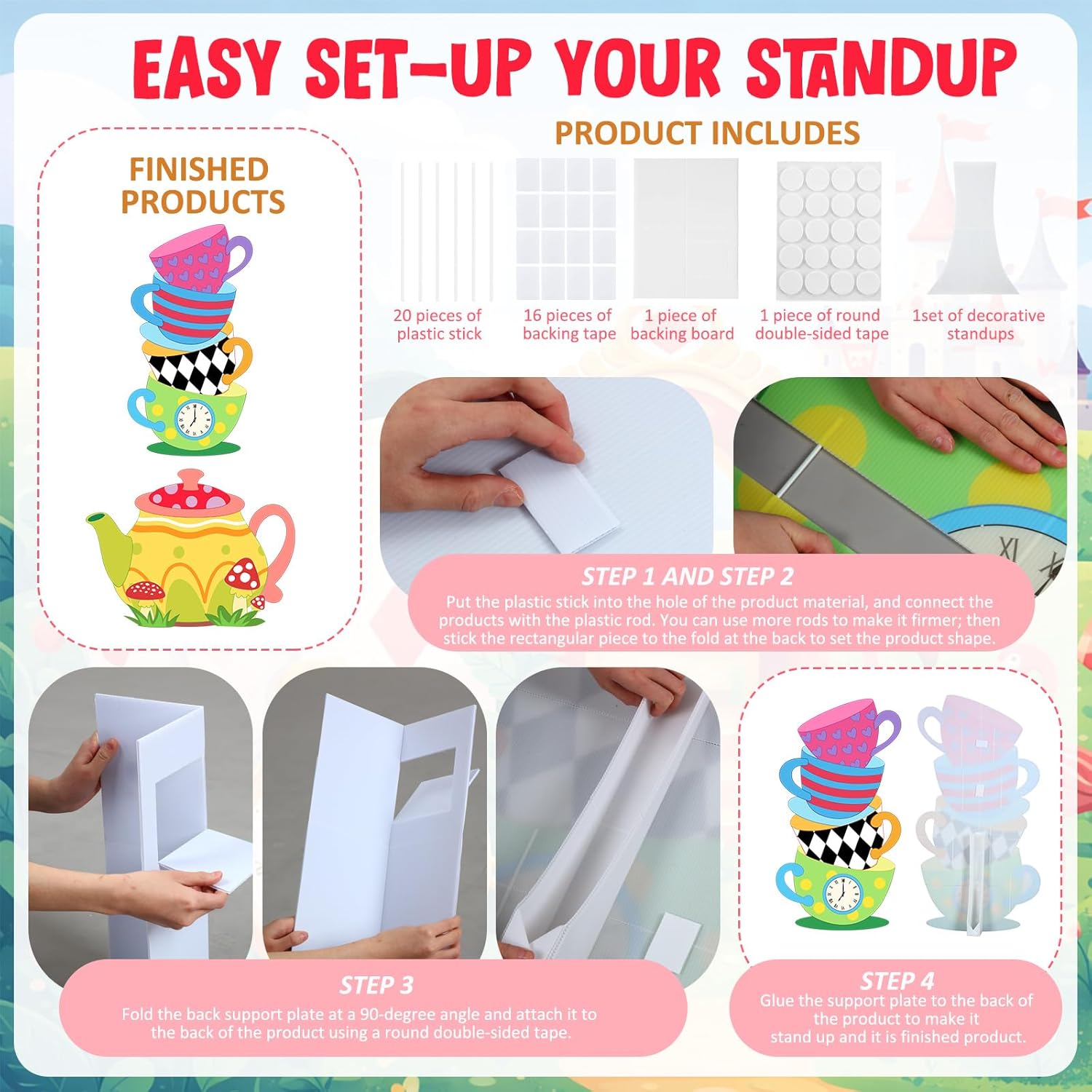 Novabright 4 ft Stacked Teacups and Teapot Cardboard Cutout Stand-up Wonderland Theme Party Decorations Large Photo Booth Props Backdrop for Tea Party Sign Birthday Wedding Baby Shower Supplies