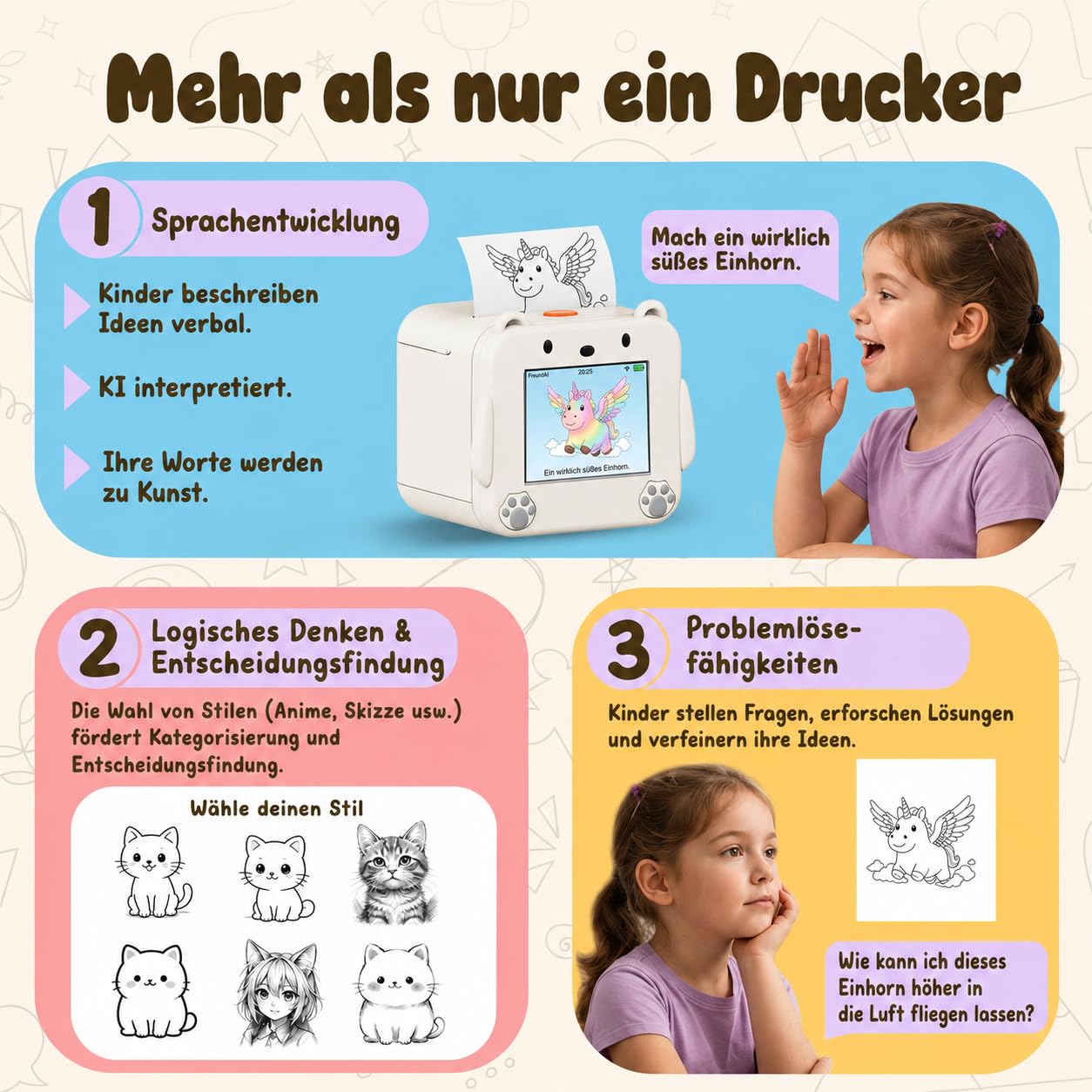 MMOBIEL KI Voice Sticker Drucker für Kinder Tintenloser Sticker Printer im Bären-Design mit App, Sprachsteuerung, 20 Sprachen & 6 Zeichenstile – Printer für Fotos, Notizen, Etiketten & DIY