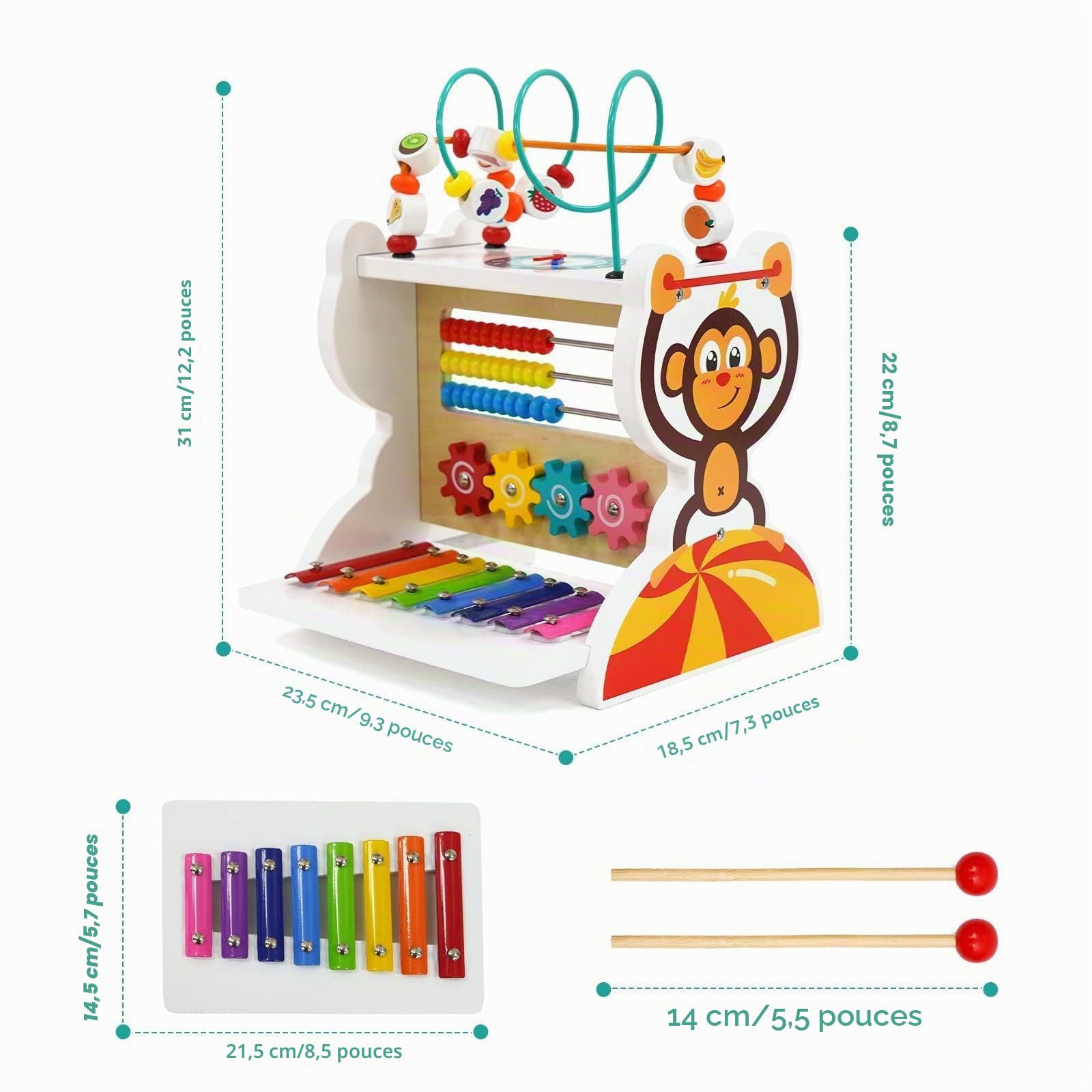 Cube d’Activités en Bois 5-en-1, Labyrinthe de Perles, Engrenanges, Horloge, Montessori bébé Jouet Cadeau pour Enfants de 3 Ans+