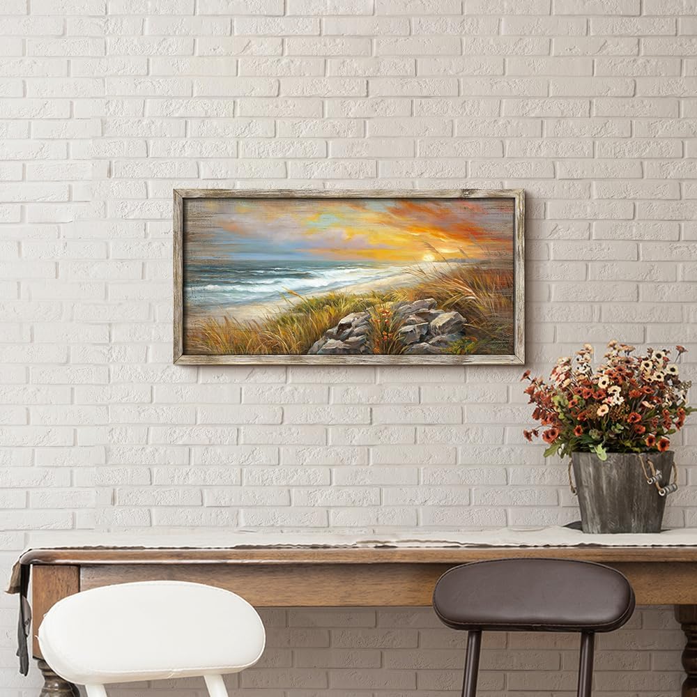 Framed Beach Wall Art Picture:Sunset Coastal Wooden Painting Ocean Sea Wave Artwork Seaside Seascape Grass Print Decor for Living Room Bedroom 24x12 inch
