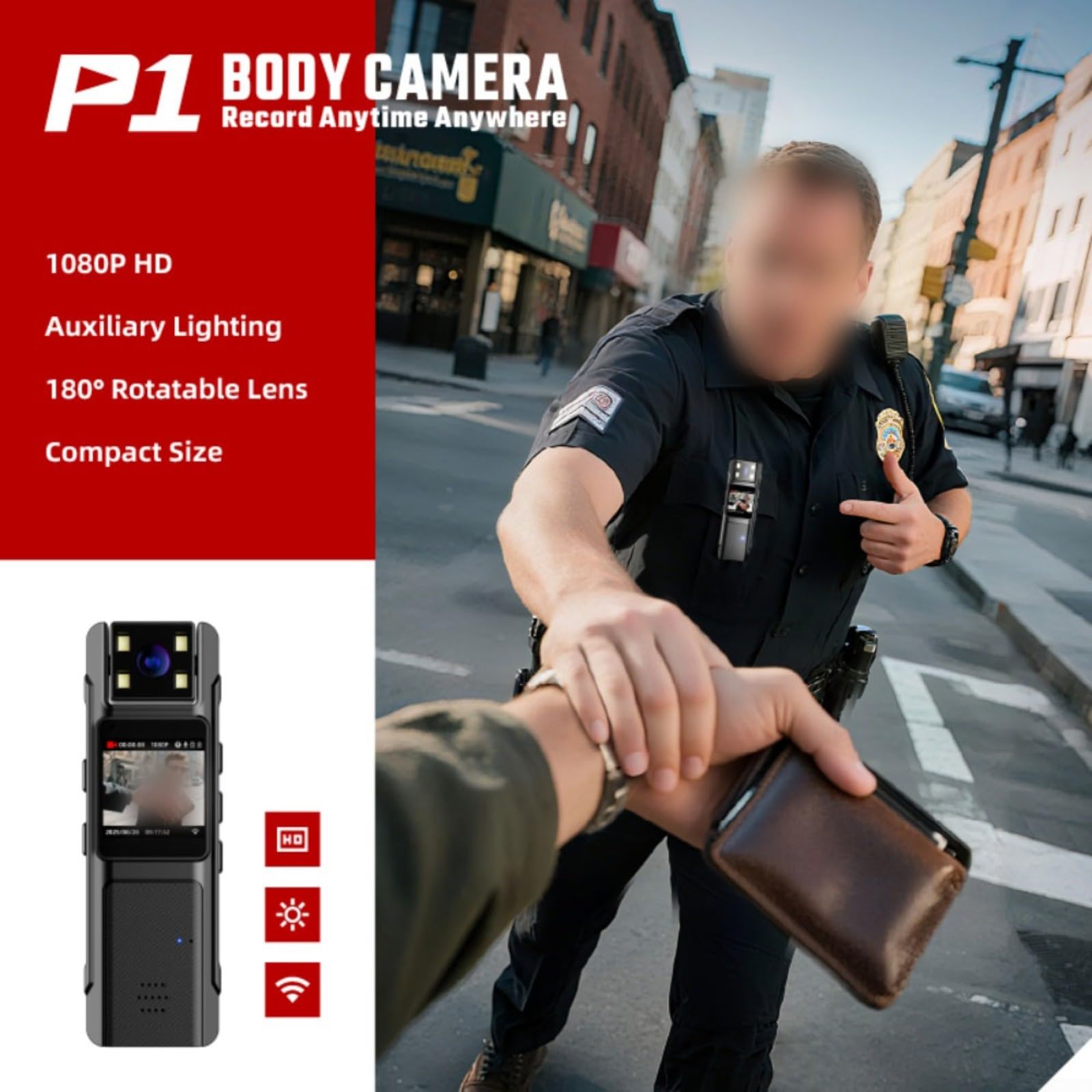 Telecamera mini 1080P con obiettivo di rotazione a 180°, videoregistratore portatile per sicurezza all'aperto, viaggi, sport, telecamera indossabile in ABS nero (WiFi P1 set completo)