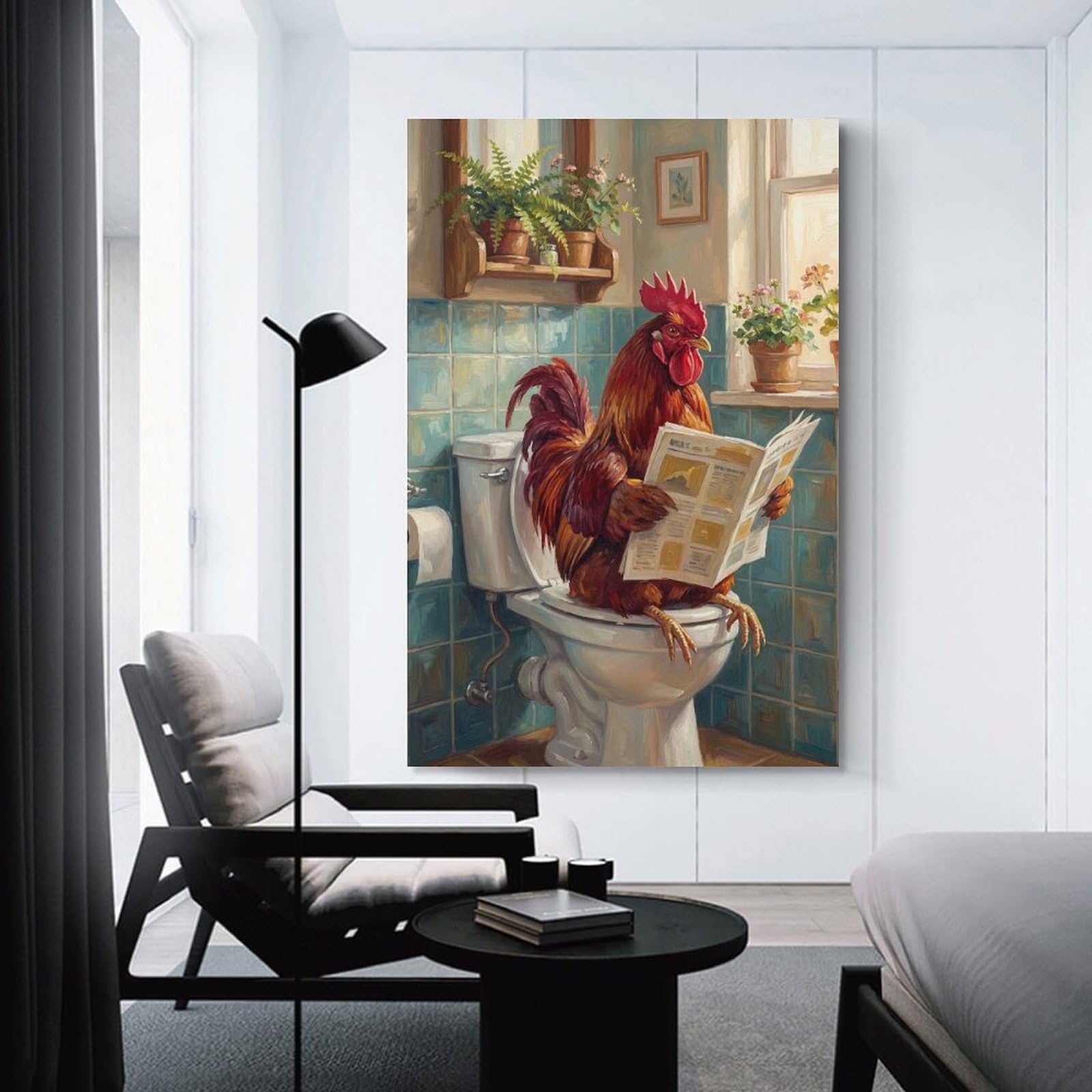 Junmoney Unframe-Style-17 Rooster Reading Newspaper On Toilet Room Decor Wall Art 08X12inch(20X30cm), For Entrance Walls, Hall Decor Or Foyers, A Neat Decor Update For Hallways