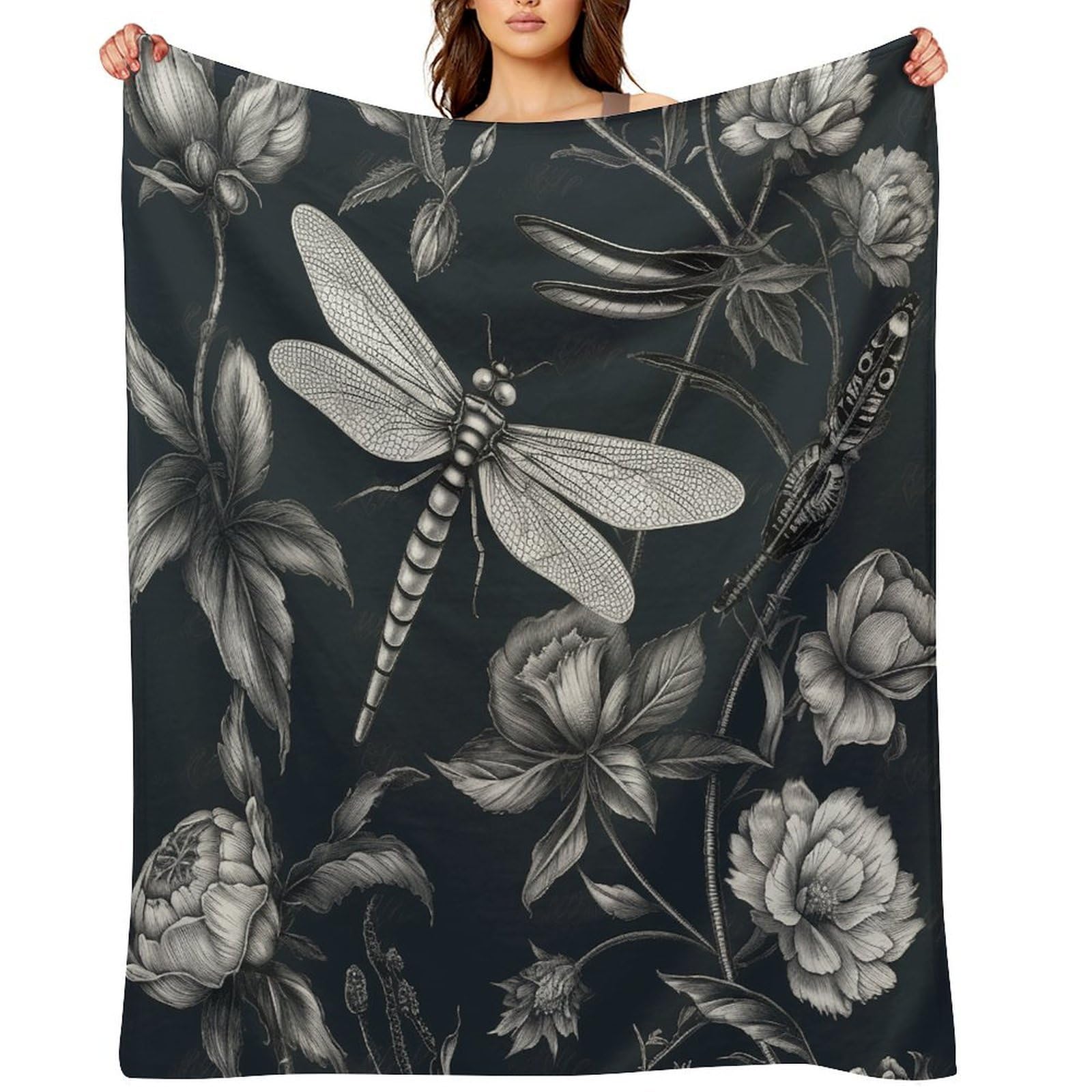 Black Flowers and Dragonfly Throw Blanket for Couch and Bed Super Soft Warm Lightweight Throw Blankets Cozy Fuzzy Flannel Blanket Personalized Decorative Blankets for Sofa Decor 40"x50"
