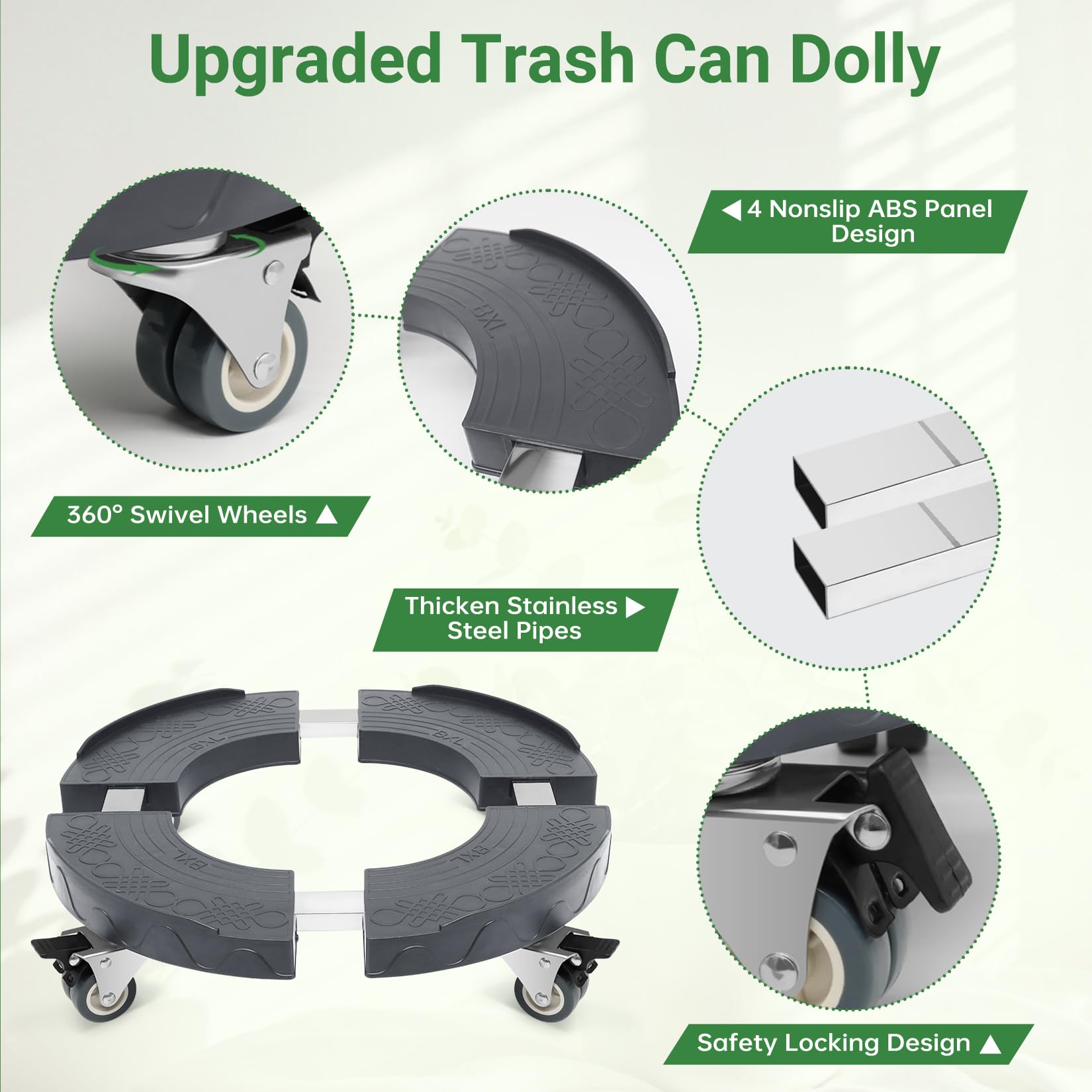 Nefish Ruedas de basura, ruedas redondas ajustables de 15 a 19 pulgadas con 4 ruedas, plataforma rodante de tambor resistente de 440 libras, carrito rodante multifuncional