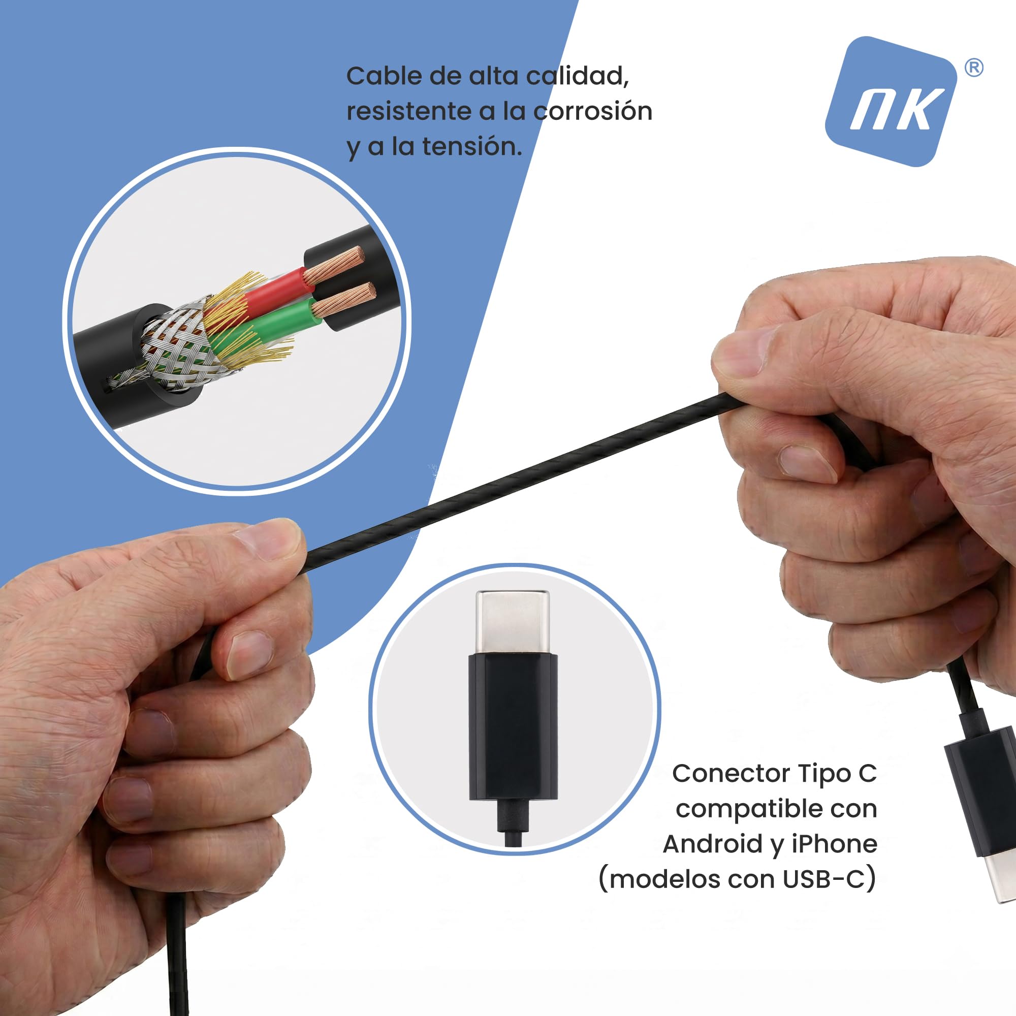 NK Słuchawki USB-C z Mikrofonem - In-Ear, Kabel 1,2 m, Regulacja Głośności i Odtwarzania, Dźwięk Stereo 10 mm, Ergonomiczna Konstrukcja, Kompatybilne z iPhone i Urządzeniami USB Typu C
