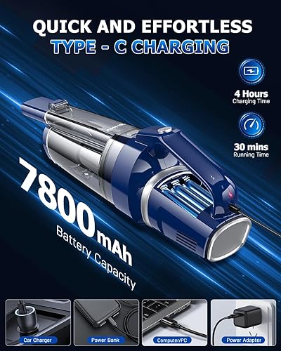 Miniatura 6 de AHNR Aspiradora de mano inalámbrica, 16000 PA, potente succión de mano, eliminadores de polvo sin cables, recargable con luz LED y 2 filtros HEPA,