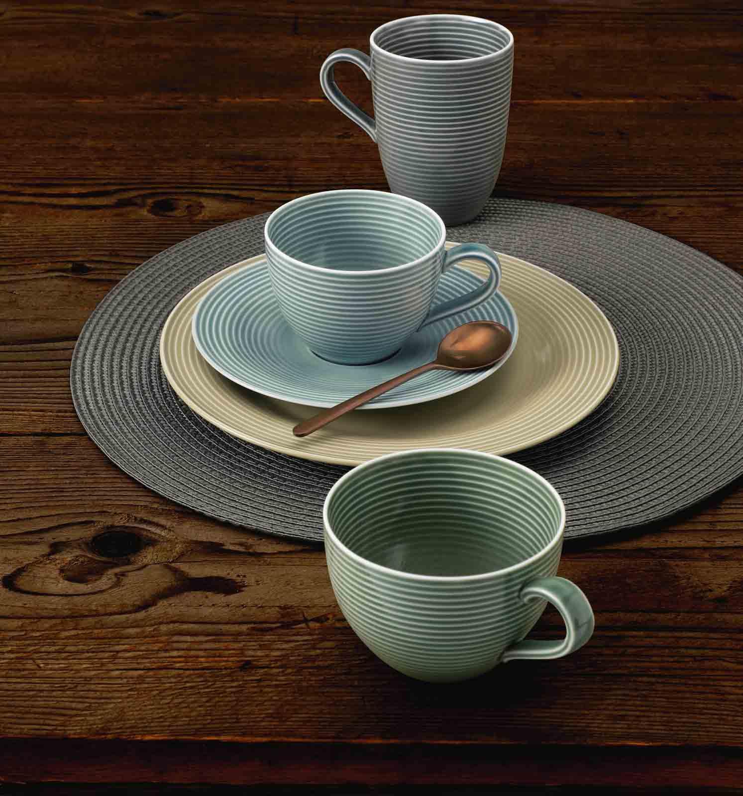 Seltmann Weiden Beat Color Glaze Becher mit Henkel 6er Set, 350 ml, Kaffeebecher mit Rillen-Relief, Porzellan, Salbeigrün