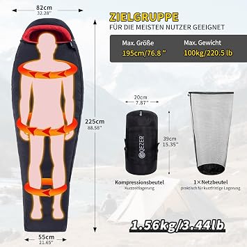 Down sleeping bag hibernation bag filled with 650 duck down. RDS certified. Suitable for temperatures from 8 °C to -30 °C ideal for camping and mountaineering.