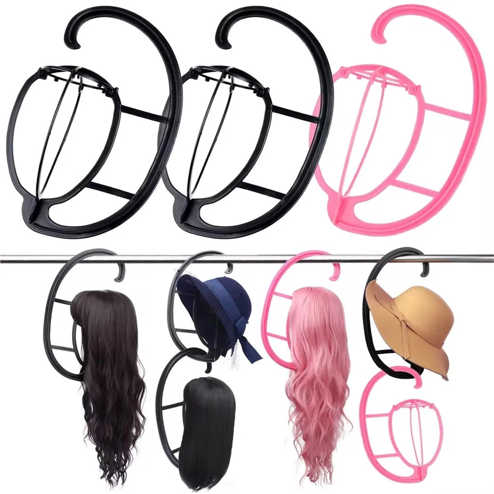 Soporte for peluca colgante de plástico desmontable y portátil, 4 Uds., for organizar el almacenamiento, cubierta for la cabeza, marco soporte for sombrero Para Pelucas(Pink)