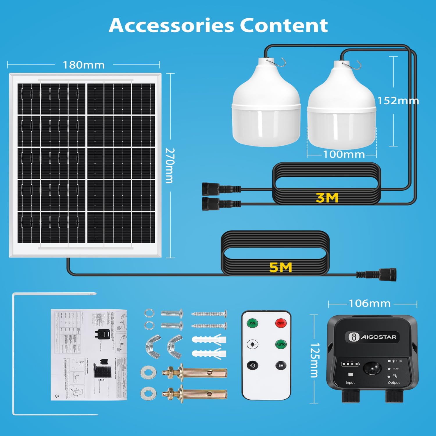 Aigostar- Luz Solar Exterior con Sensor 70W, Lámpara Solar Exterior con Mando a Distancia y Caja de Almacenamiento de Energía, Cable de 11M, IP65 Impermeable, para Interior, Jardín, Camping, Pesca