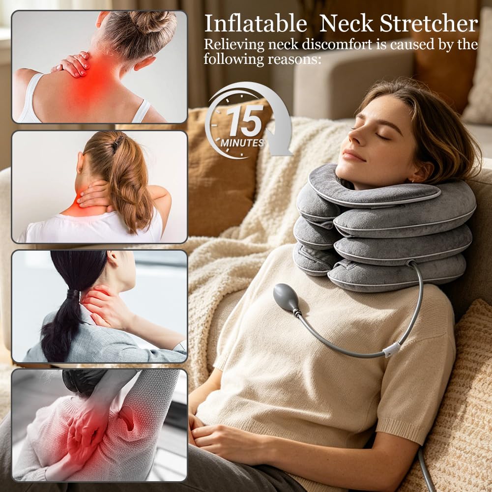 Gonfiabile per la trazione cervicale con design di allungamento a 3 strati e mentoniera, cuscino cervicale per alleviare il dolore, supporto per il collo, per la casa in viaggio (grigio chiaro)