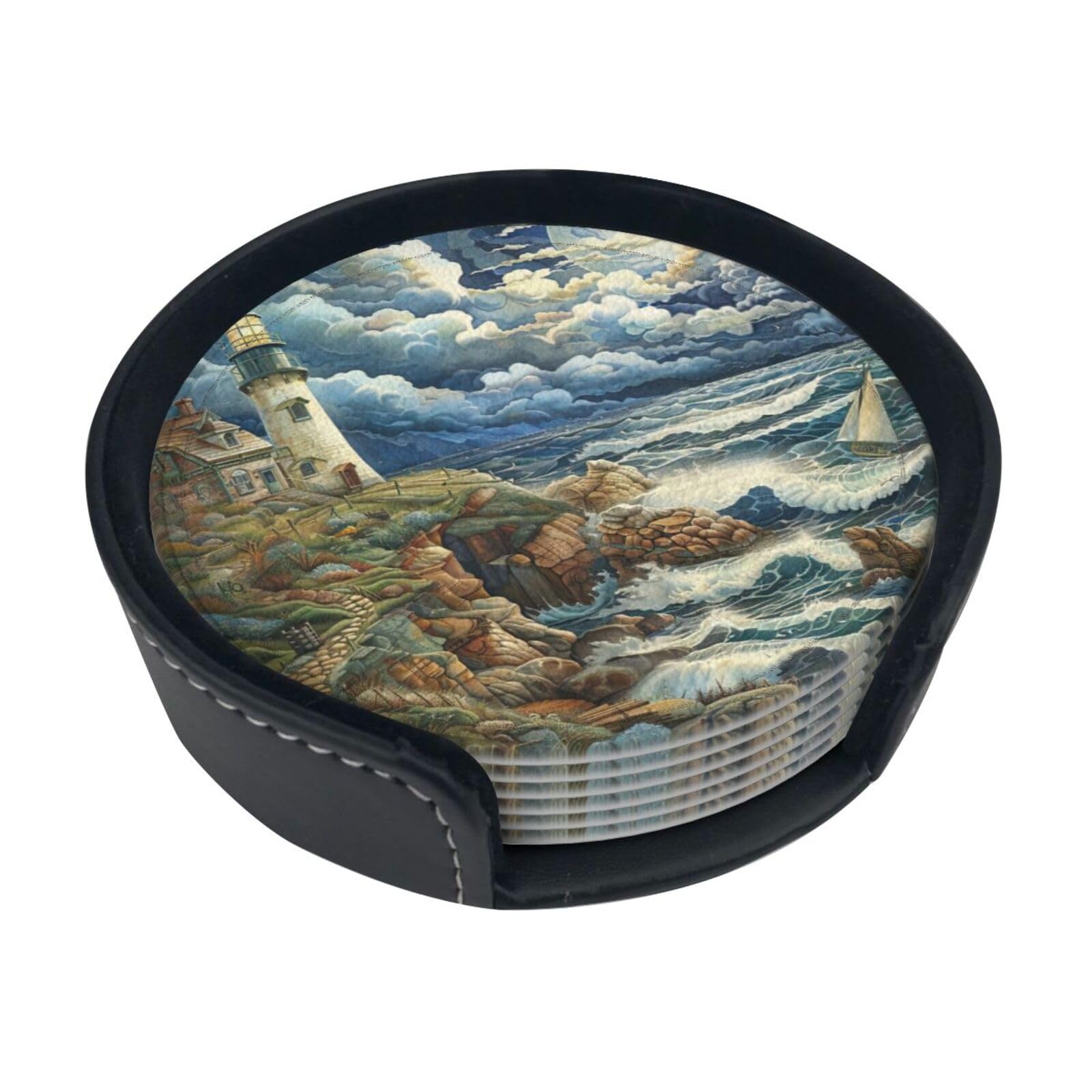 The Seaside Lighthouse Print Round Coaster for Drink Leather Coasters Set of 6,Heat-Resistant for Home Decor