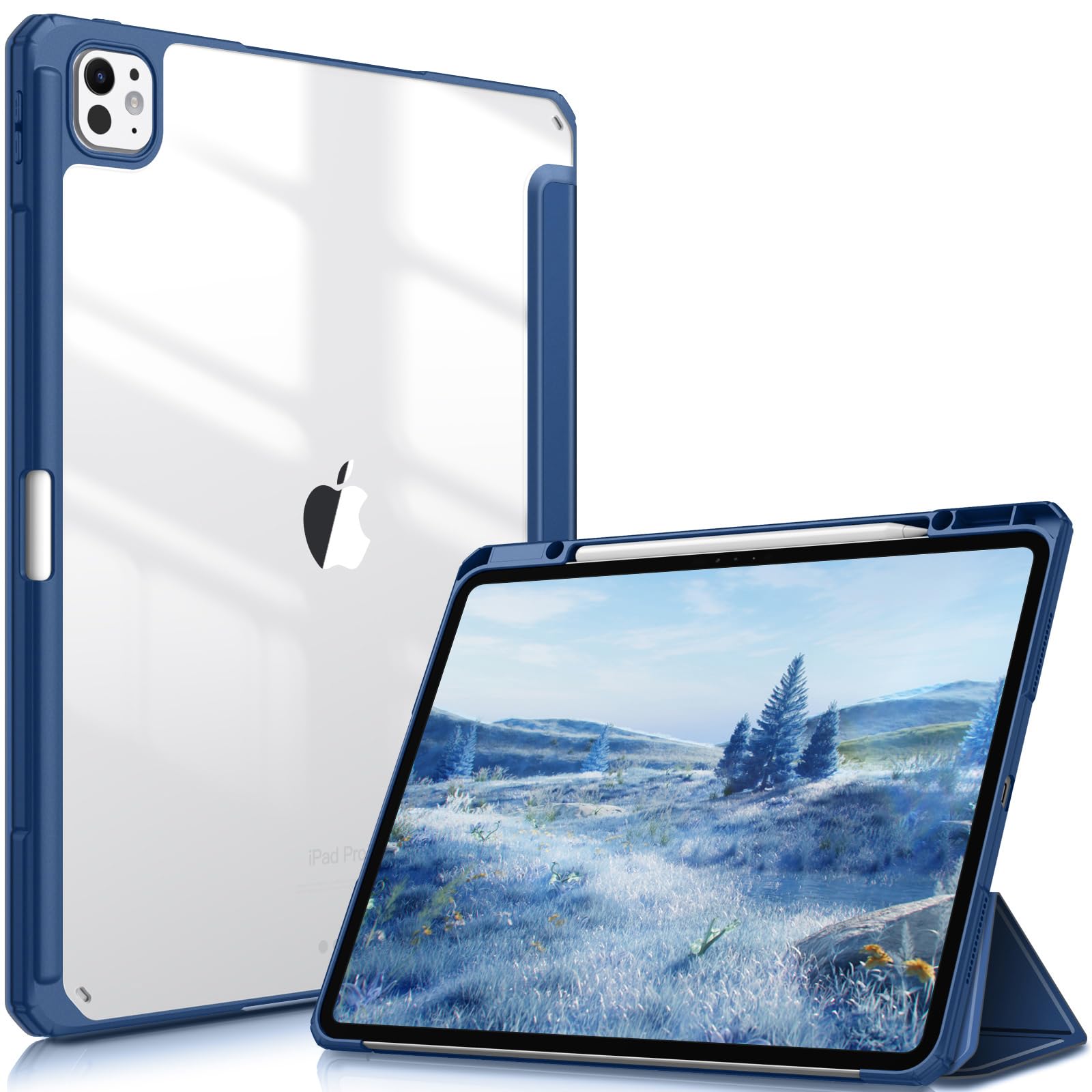 Fintie Hybrid Slim Case for iPad Pro 13-inch (M4) 2024, [Built-in Pencil Holder] Shockproof Cover with Clear Transparent Back Shell, Auto Wake/Sleep, Navy