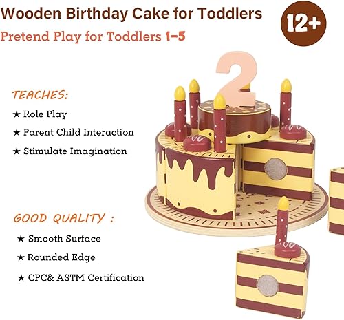 Miniatura 4 de WoodenEdu Juguetes de madera para cortar pasteles para fiesta de cumpleaños, comida de simulación con velas y números, juguetes de regalo de cocina