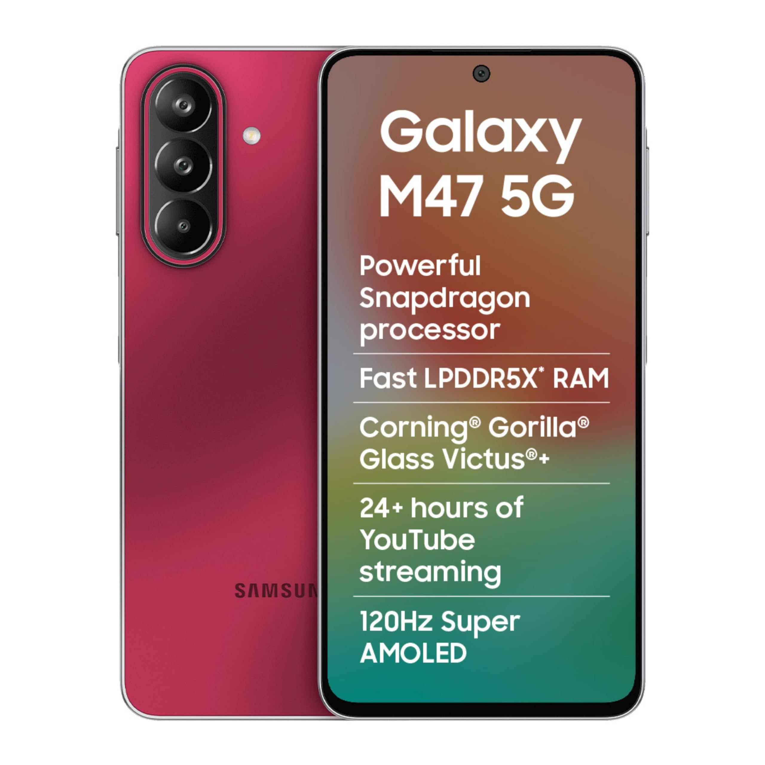 Samsung Galaxy M47 5G (Rogue Red, 8GB RAM, 128GB Storage)| Powerful Snapdragon Processor| Fast LPDDR5x RAM,UFS 3.1 Storage| Gorilla Glass Victus+| IP64| Super AMOLED Display| 50MP OIS| AI| Gemini Live