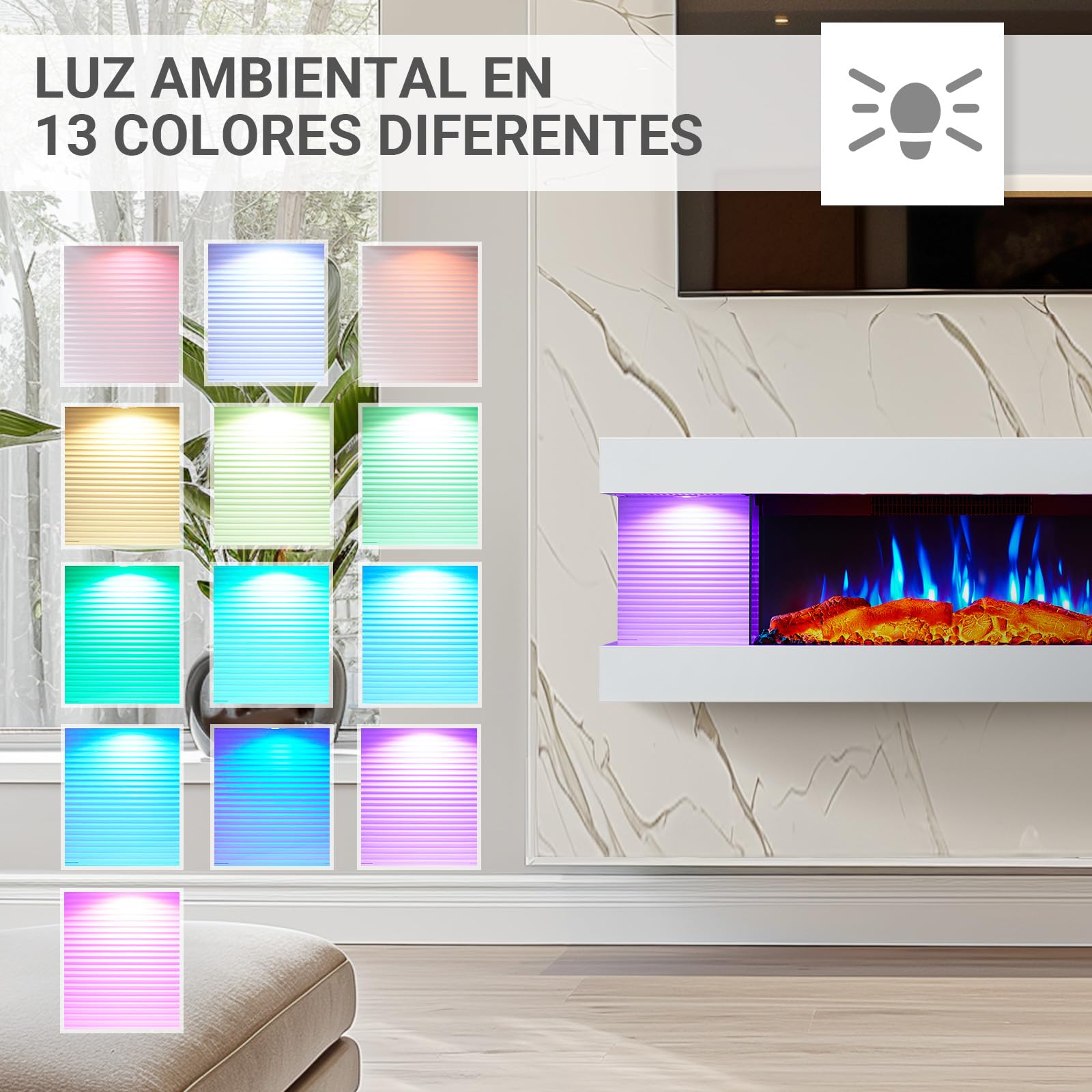 BALDERIA Lumina Chimenea Eléctrica de Pared Blanca con Llama LED 3D y Calefactor