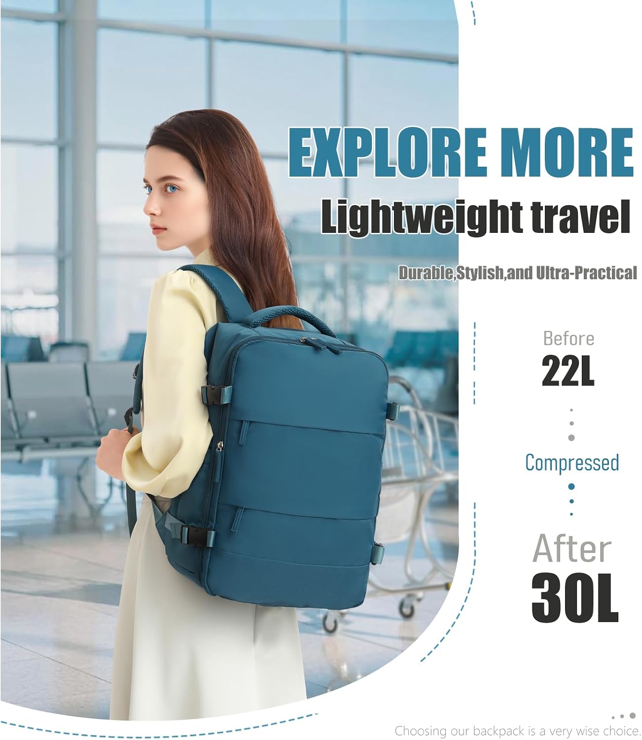 Travel Backpack w/Vacuum Compression (w/Pump) - Carry-On, 18x14x8 In, Multi-Comp Laptop Bag (孔雀蓝)