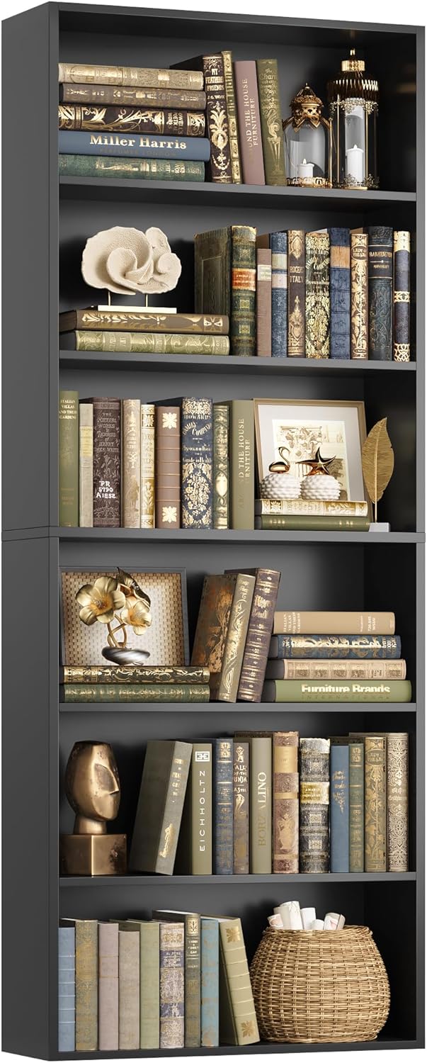 FOTOSOK 6-Tier Tall Black Bookcase - Sturdy Freestanding Open Bookshelf for Bedroom, Living Room, Office Storage