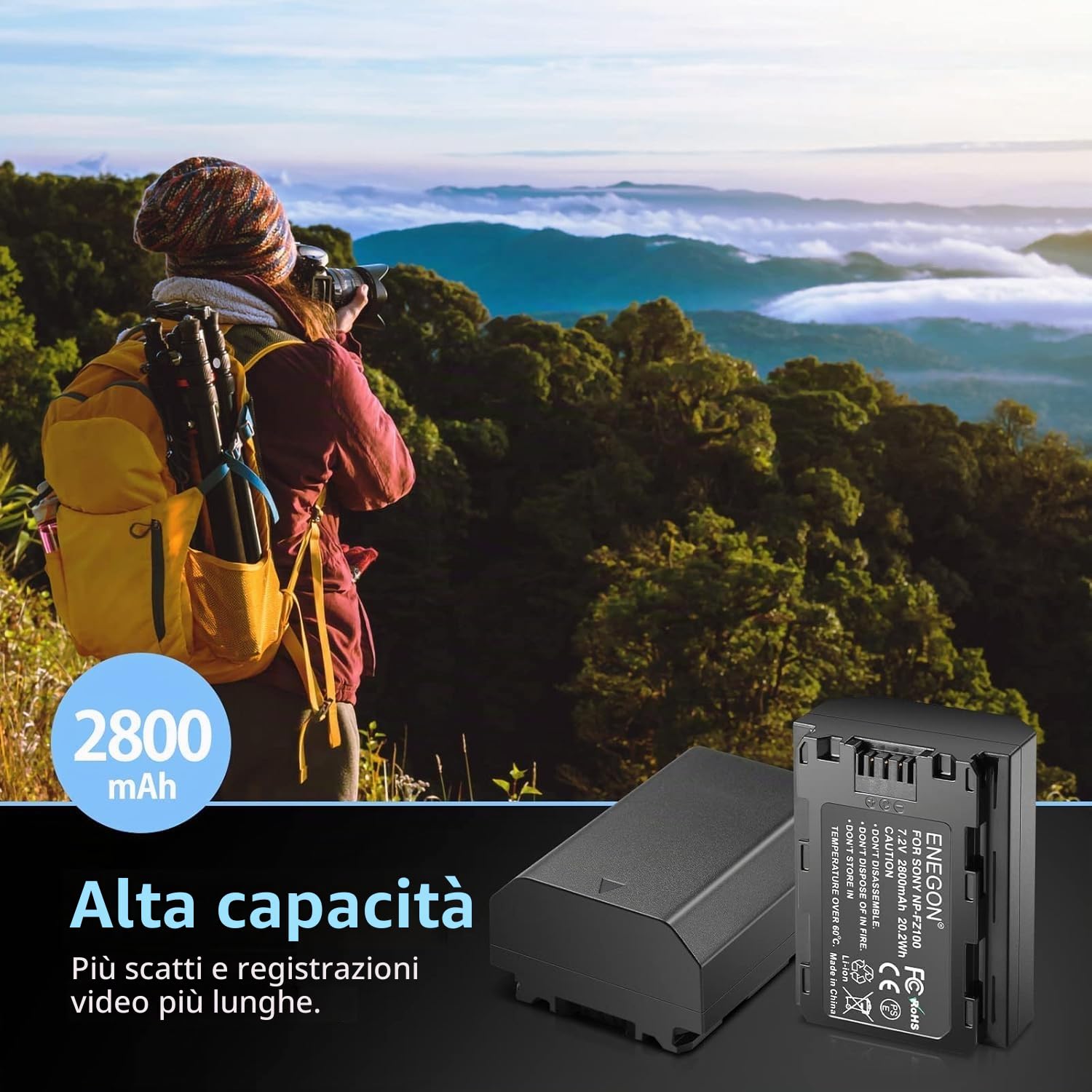 ENEGON NP-FZ100 Batteria 2800mAh, batteria ricaricabile agli ioni di litio, batteria di ricambio FZ100 compatibile con Sony A6600, A7C, A7III, A7RIII, A7RIV, A9, A9R, A9S, Alpha 9, Alpha 9R, Alpha 9S