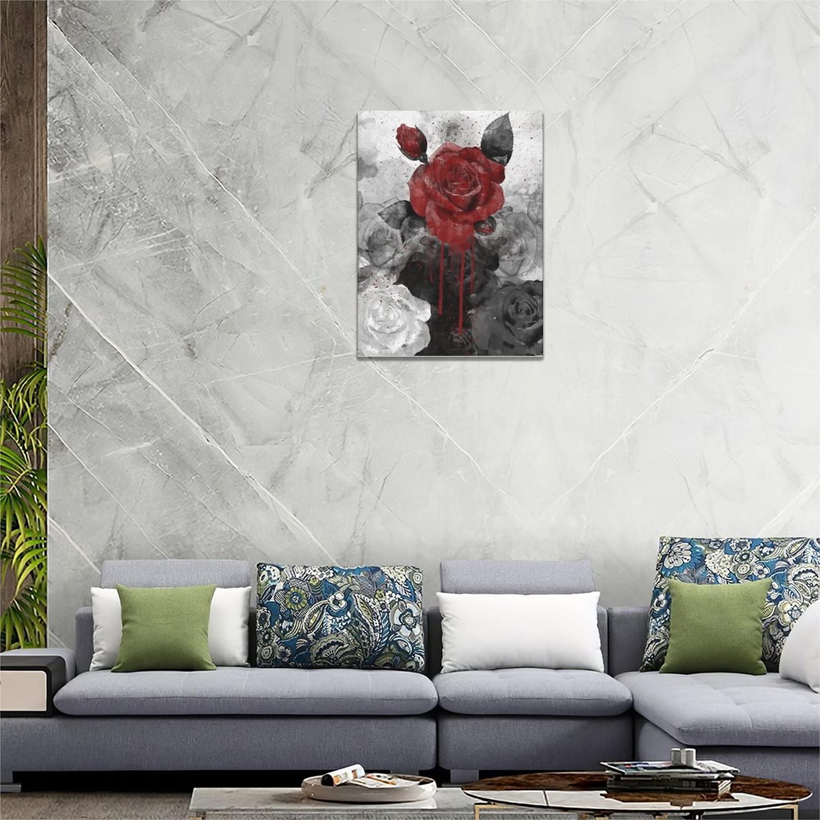 Vintage Rosen-Gemälde Auf Leinwand – Schwarz-weiß Mit Roter Rose, 30,5x40,6 Cm
