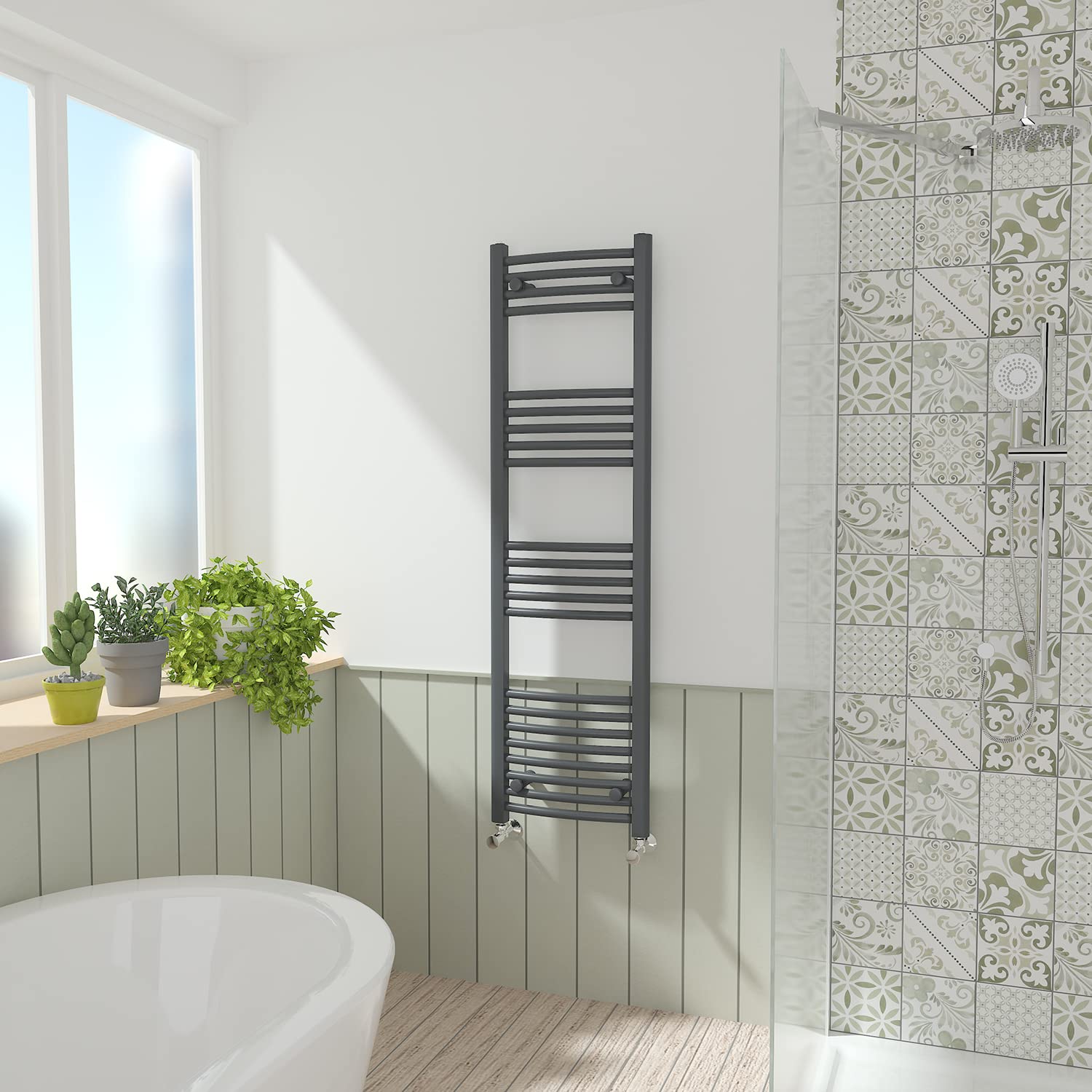 Nrg Anthracite Curved Central Heating Towel Rail Bathroom Heated Rad Radiators Ladder Warmer - 1400×400Mm