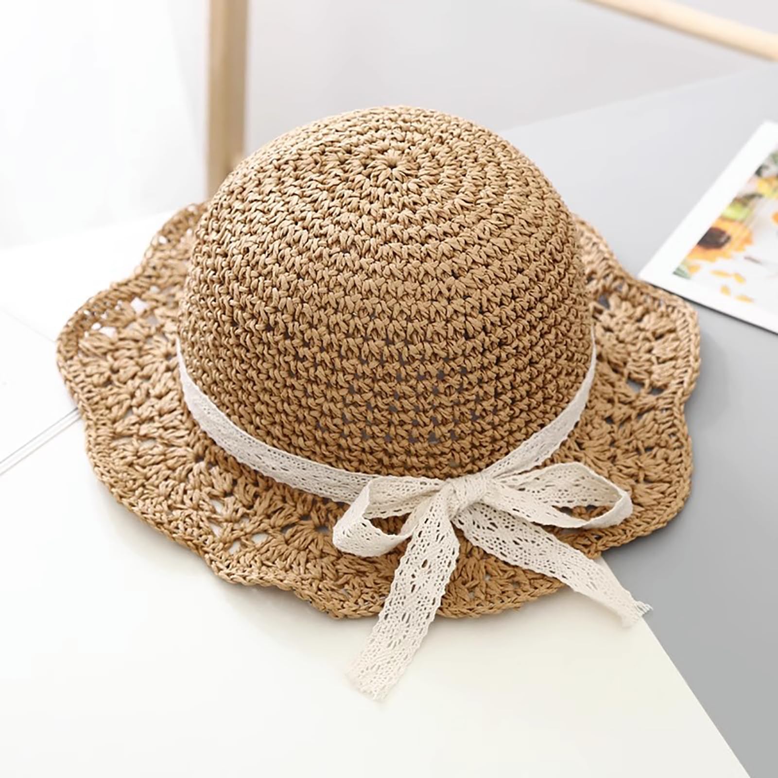 Sombrero de paja para niñas con gafas de sol redondas de flores, plegable de verano, ala grande, girasol, lazo, playa, sombrero de paja para niños, 2-6T