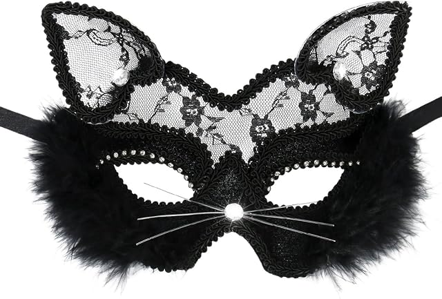Cusfull Venetian Masquerade Mask Women Girls Sexy Lace Black Cat Eye Mask for Fancy Dress Christmas Halloween