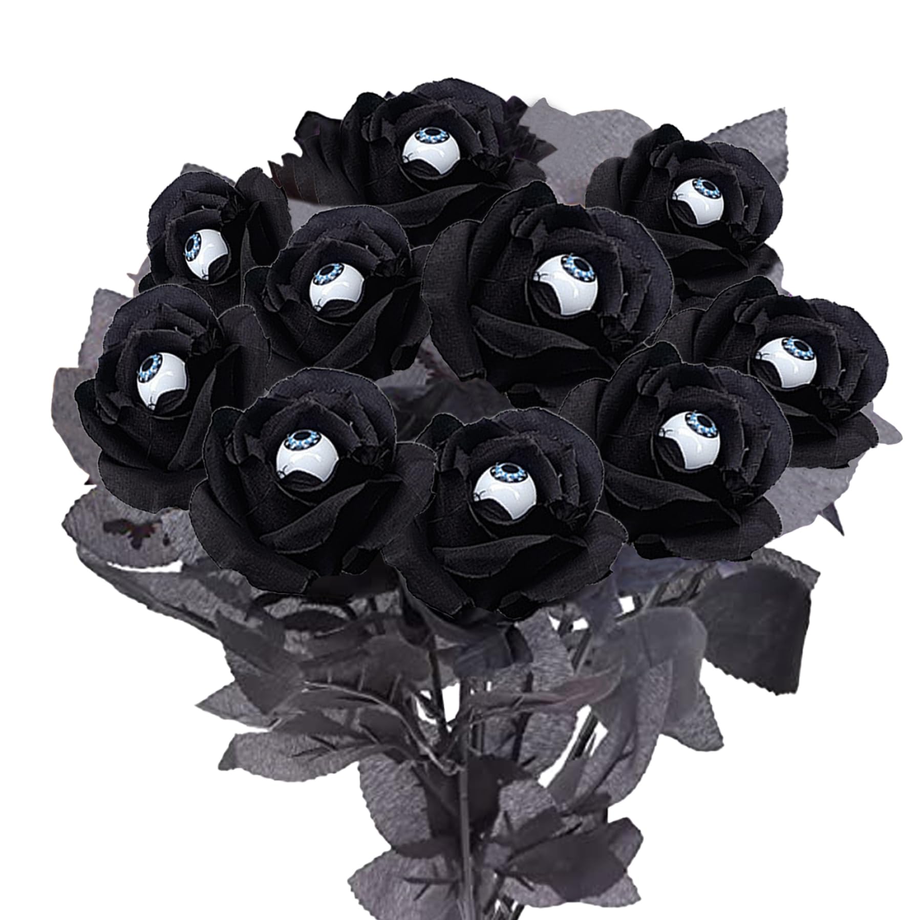 Roses artificielles fausse rose de soie noire d'Halloween avec globes oculaires 10pcs