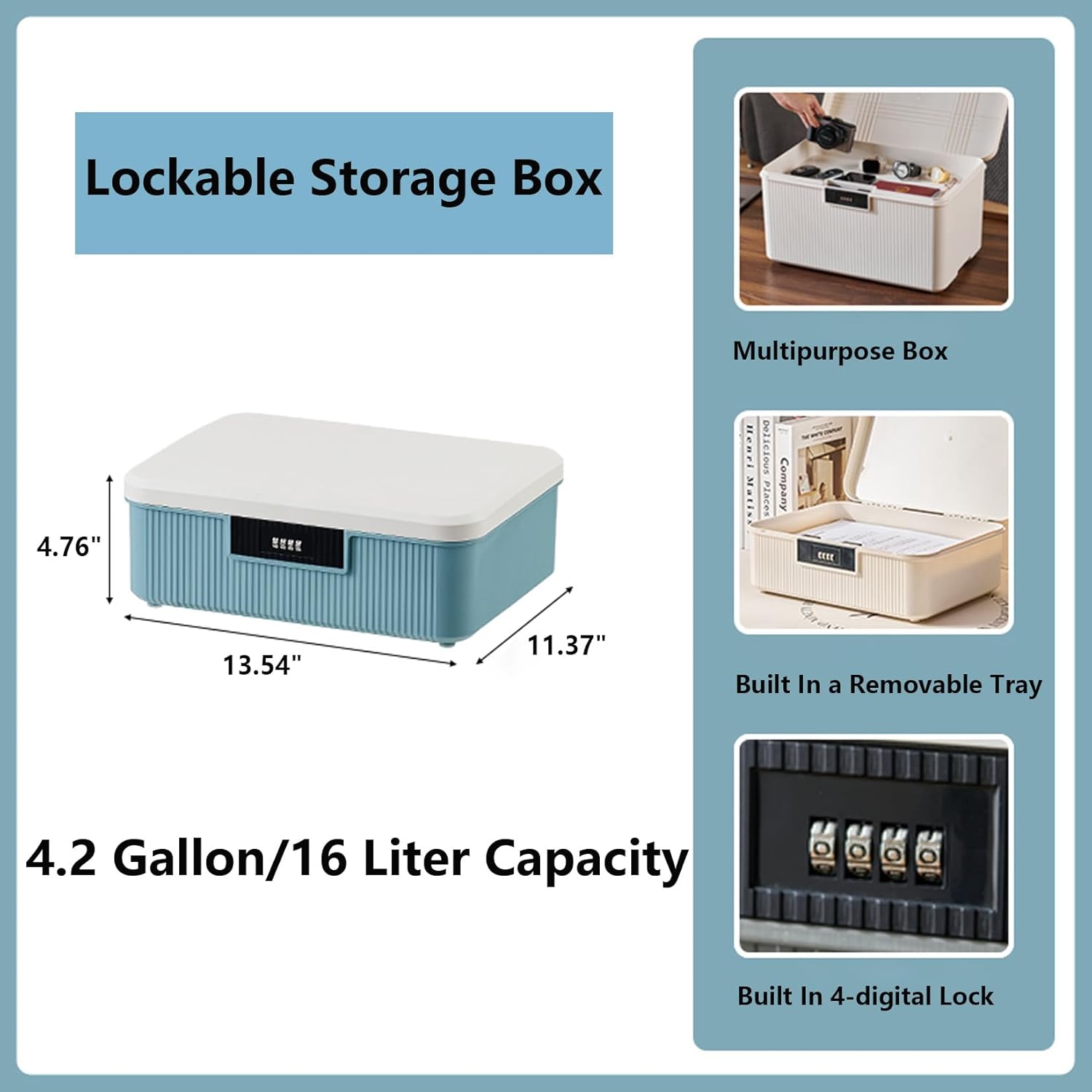 Lockable Storage Box – 2.5 Gallon Medicine Secure First Aid Organizer Box Safe w/Adjustable Lock for Home/Office/Outdoor Travel (White & Blue)