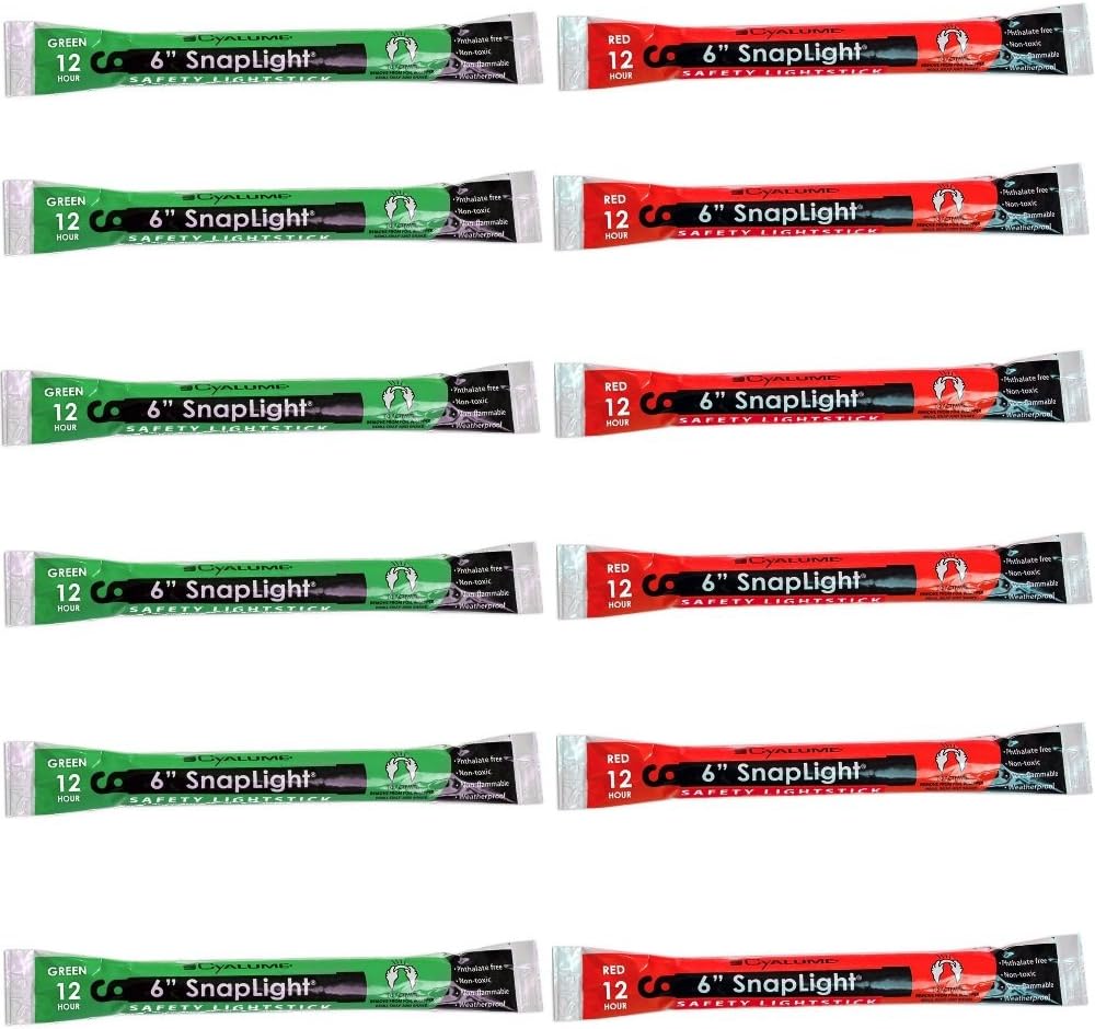 SnapLight 6 Industrial Grade Light Sticks, Glow Sticks, Multi-Color 12 Pack (6 Green, 6 Red) by Cyalume