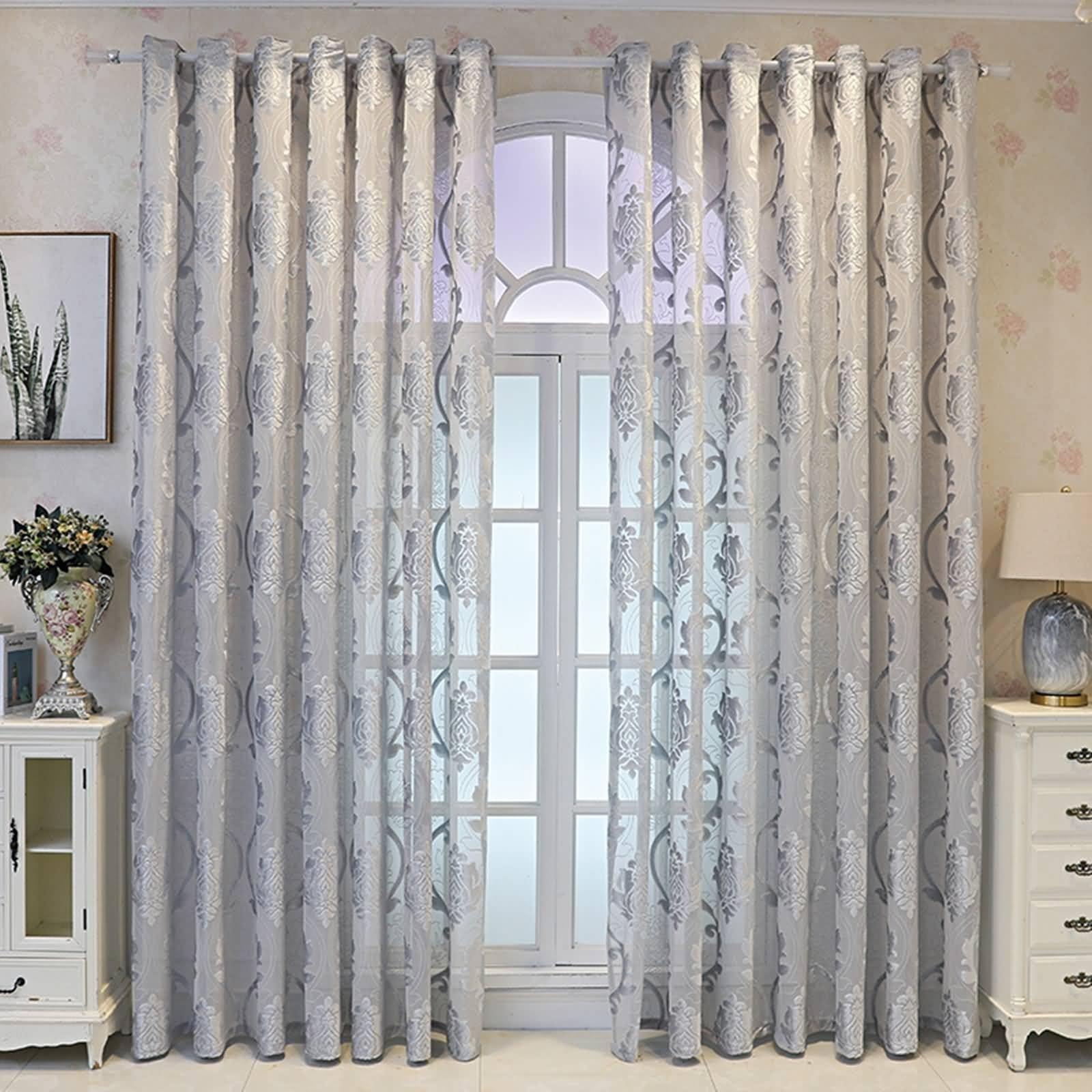 Wycian Vorhang Bett Gardinen 2er Set Silber Voile mit Jacquard-Blumenmuster H229 x B107 cm (2er Pack) Polyester