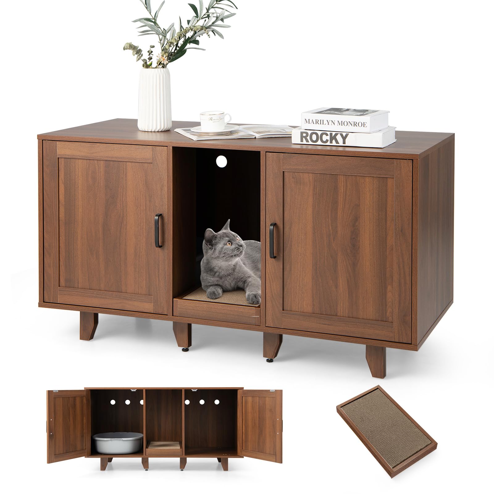 COSTWAY Meuble Litiere Chat en Bois, Cache Litiere Chat Double Porte 3 en 1, Planche à Griffer, 6 Pieds Surélevés Amovibles, 6 Passe-Câble, Maison de Toilette Chaton, 120 × 52 × 65 CM, Brun