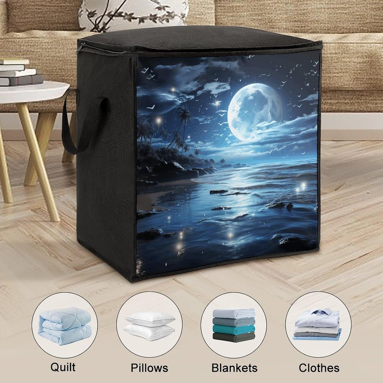 Moon Over Ocean Storage Bag with Zippers And Handle Extra Large Bedding Comforter Storage Bag Foldable Blanket Storage Bags Fabric Moving Bags for Closet Organizer (70L)
