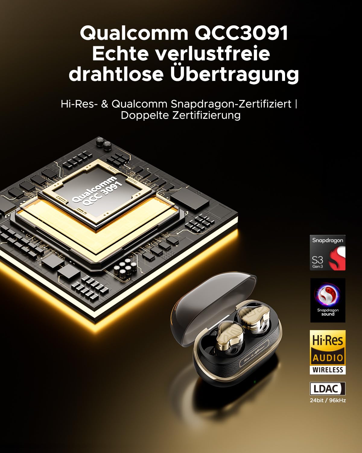 SoundPEATS H3 In-Ear Bluetooth Kopfhörer, Hi-Res/aptX Lossless/LDAC, Dual-BA + 12 mm Dynamic Driver, 55 dB Geräuschunterdrückung, Snapdragon Sound, QCC3091, 3-Mic, Multipoint, App, Schwarz-Gold