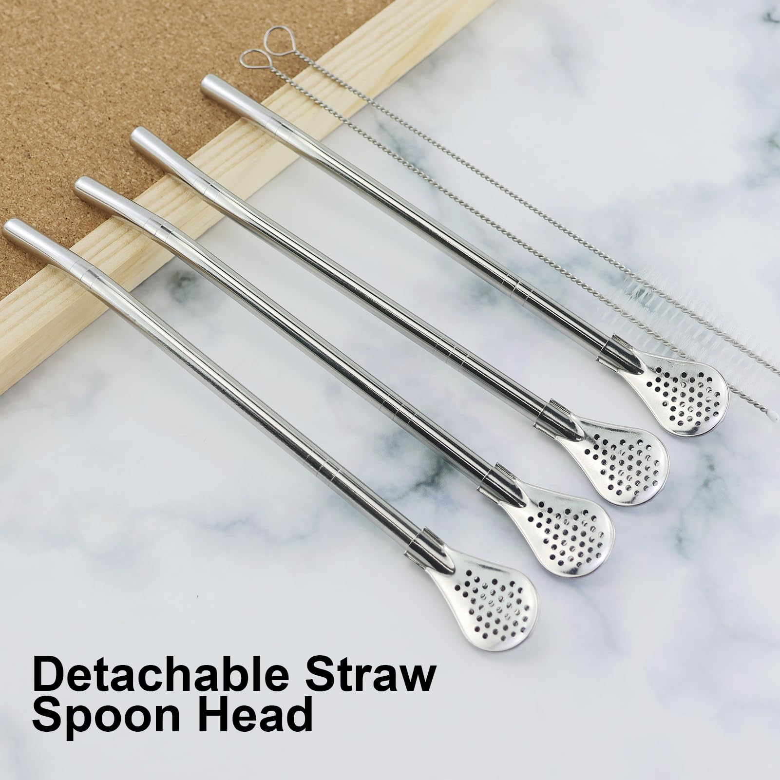 4Pcs Stainless Steel Straws with Filter Spoon, Filter Straw Spoon, Reusable Bombillas Straws Spoon with 2 Cleaning Brushes for Loose Tea, Coffee, Beverages — Amazon image 3