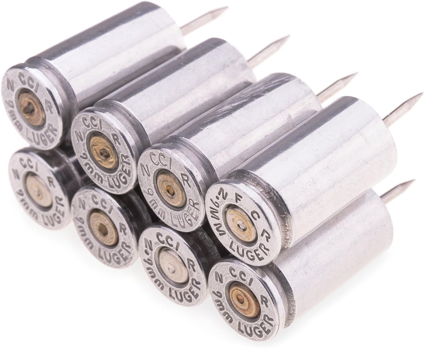 9mm Bullet Casing Polished Push Pins in Chrome - Set of 8