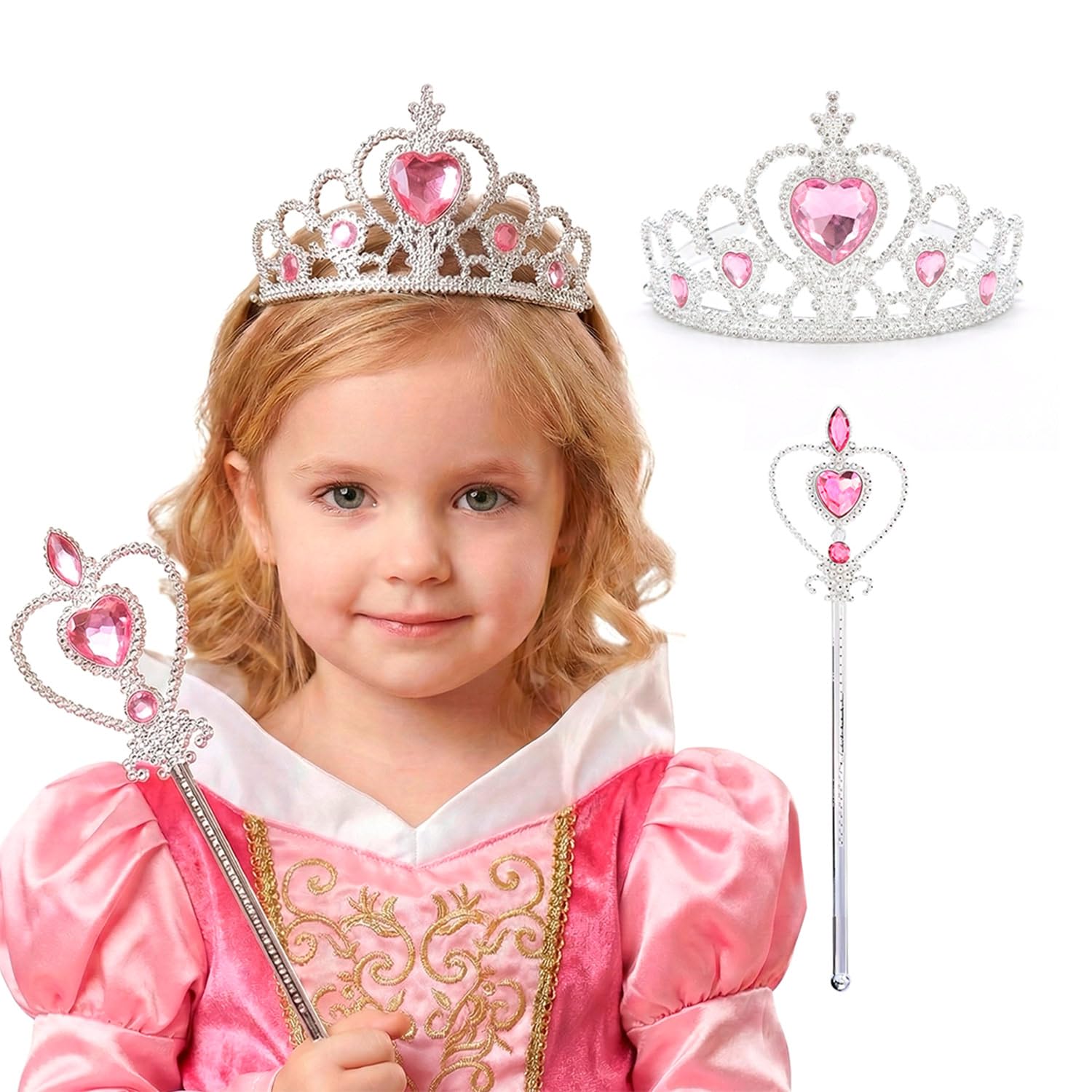 Kit de Acessórios Princesa Infantil Coroa com Tiara e Varinha Mágica para Fantasia Cosplay