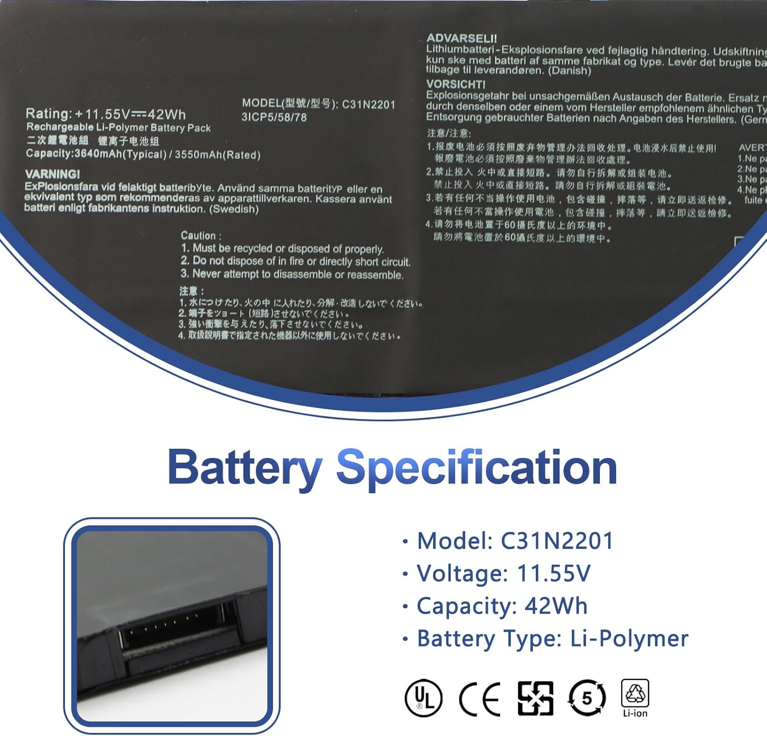 C31N2201 Laptop Battery Replacement for ASUS Vivobook 15 X1504VA X1504ZA Go 15 E1504FA E1504GA 16 M1605YA X1605EA 14 OLED X1405VA 14X X1403VA 15X M3504YA M3604YA 16X M3604YA K3604VA TN3604YA 42Wh