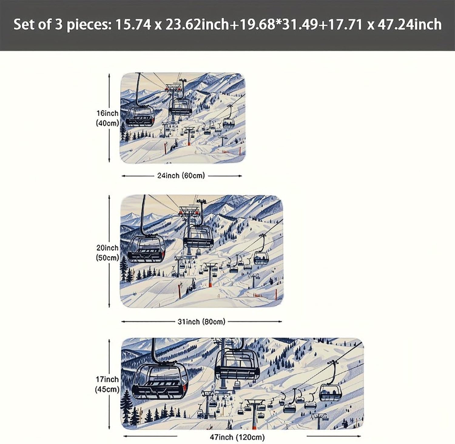 Mount Horsney Ski Lift Kitchen Mats for Floor 3 Pcs Kitchen Rugs