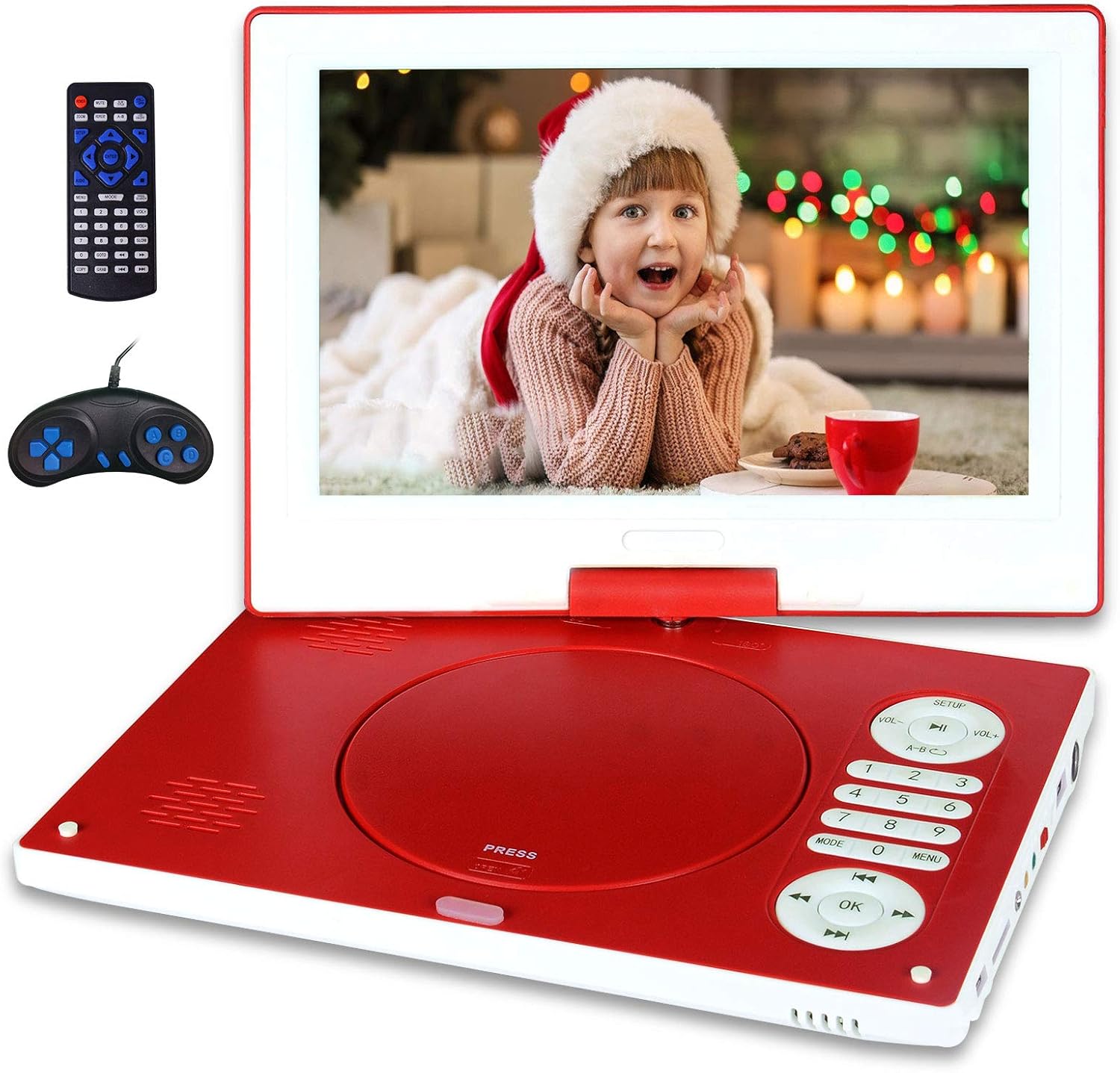 Jekero 12.5" Portable DVD Player with 10.1" HD Swivel Screen, 6 Hours Rechargeable Battery DVD Player Portable for Kids and Car, Support CD/DVD/SD Card/USB with Car Charger and Remote Control ,Red