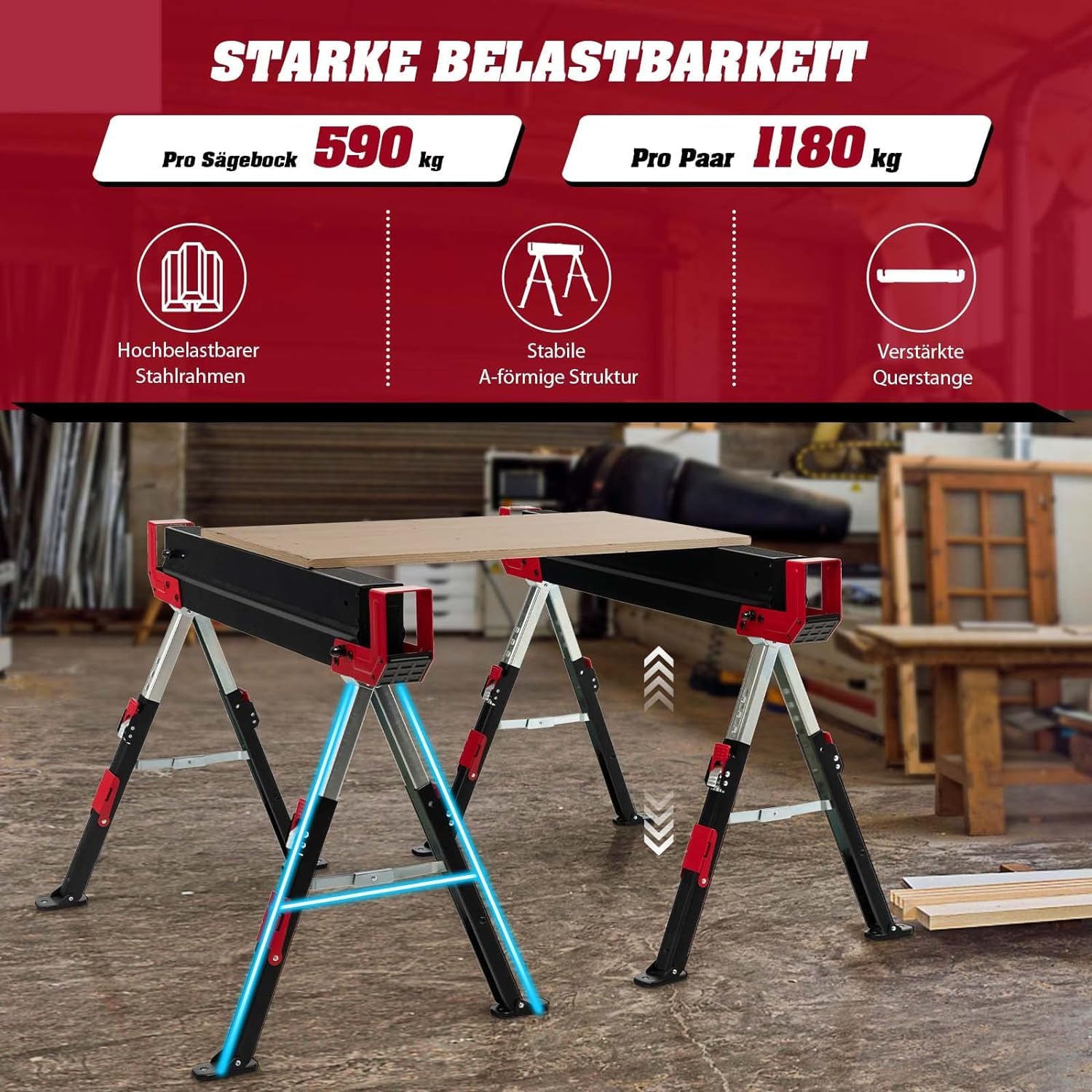 FANTASK Set van 2 zaagblokken, inklapbaar, draagbare werkbokken, robuuste metalen zaaghulpen, voor houtbewerking, zaagbok met handgreep, tot 500 kg belastbaar
