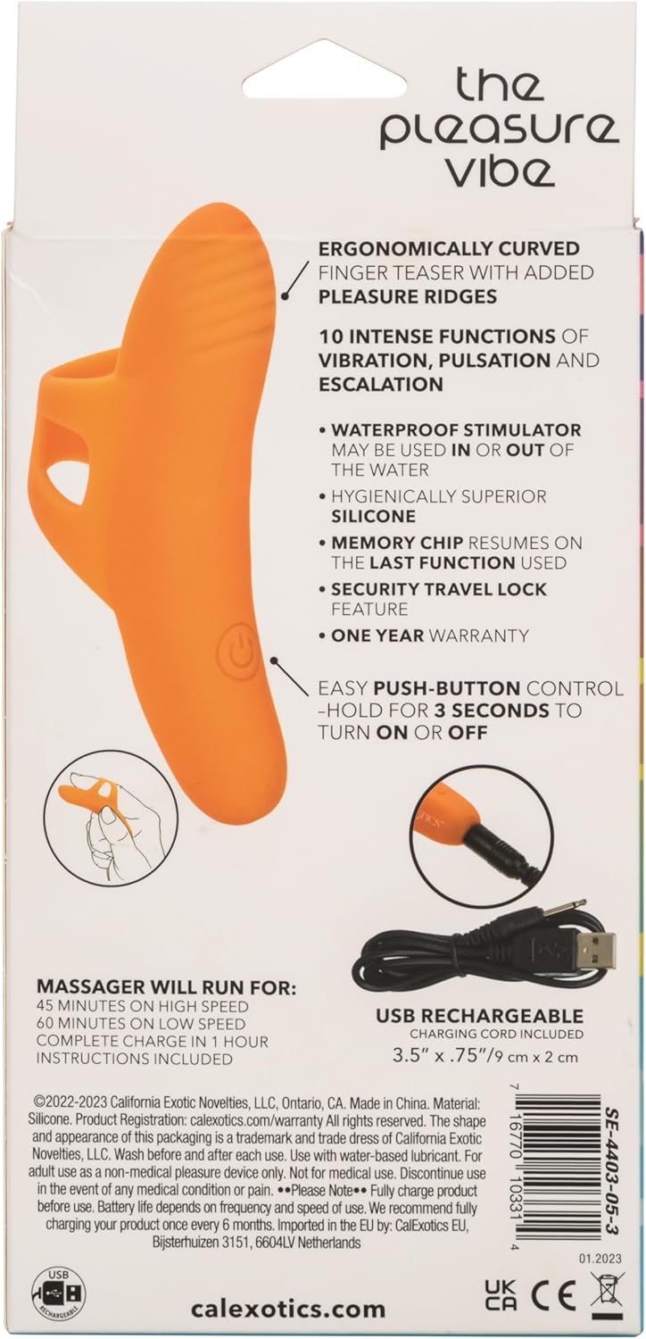 CalExotics Neon Vibes The Pleasure Vibe – Silicone Travel Sized Rechargeable Finger Vibrator -Adult Sex Toys for Women – Orange