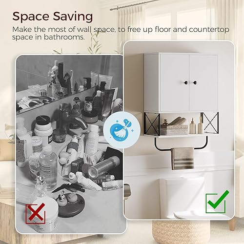 Miniatura 7 de Armario de pared de baño con 2 puertas y estante ajustable, botiquín de granja con toallero, armario de almacenamiento montado en la pared de 3